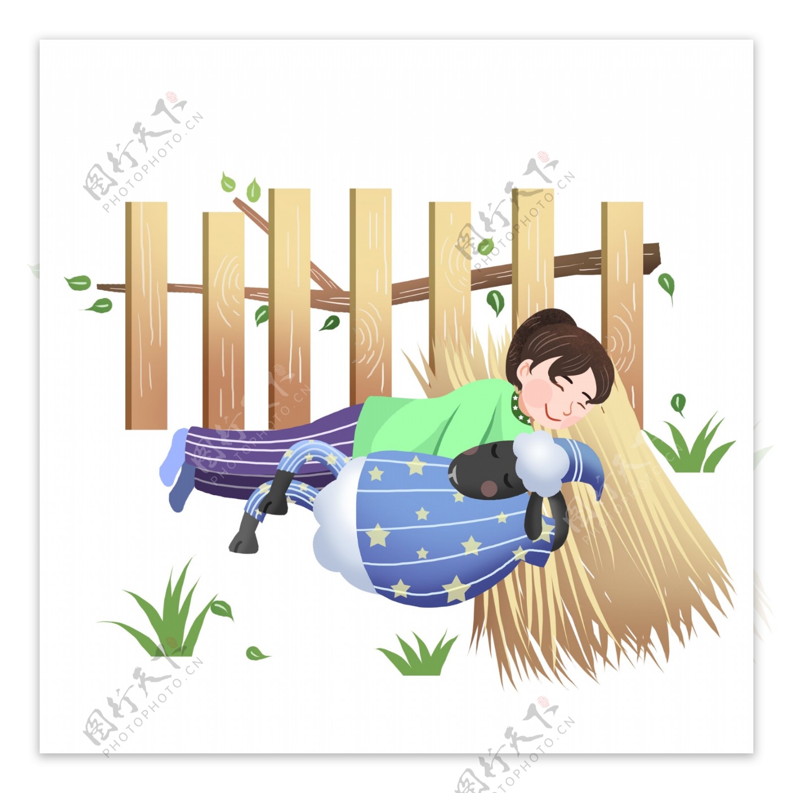 在草上睡觉的小女孩和小羊插画