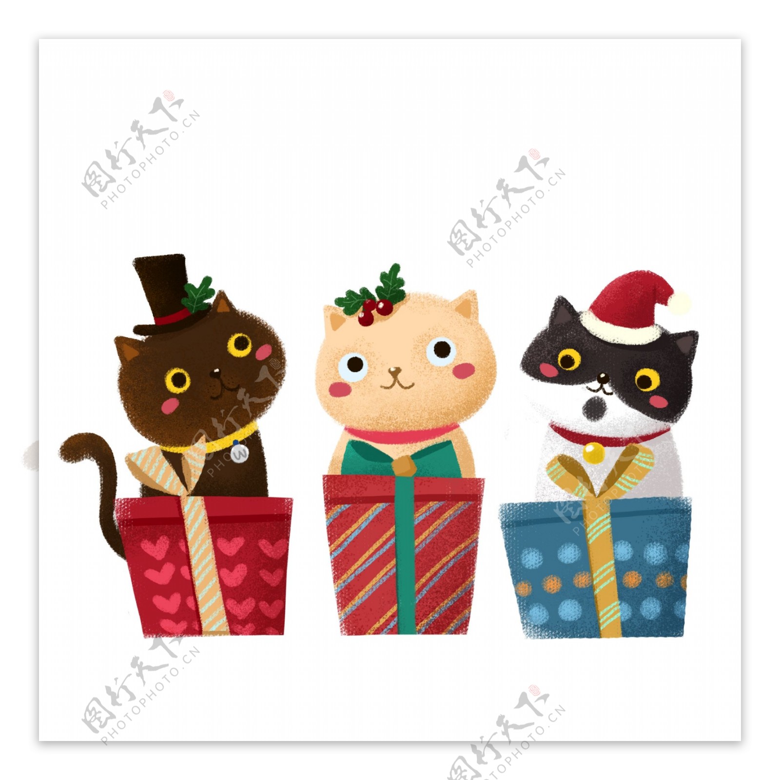 圣诞节猫咪和礼物盒PNG素材