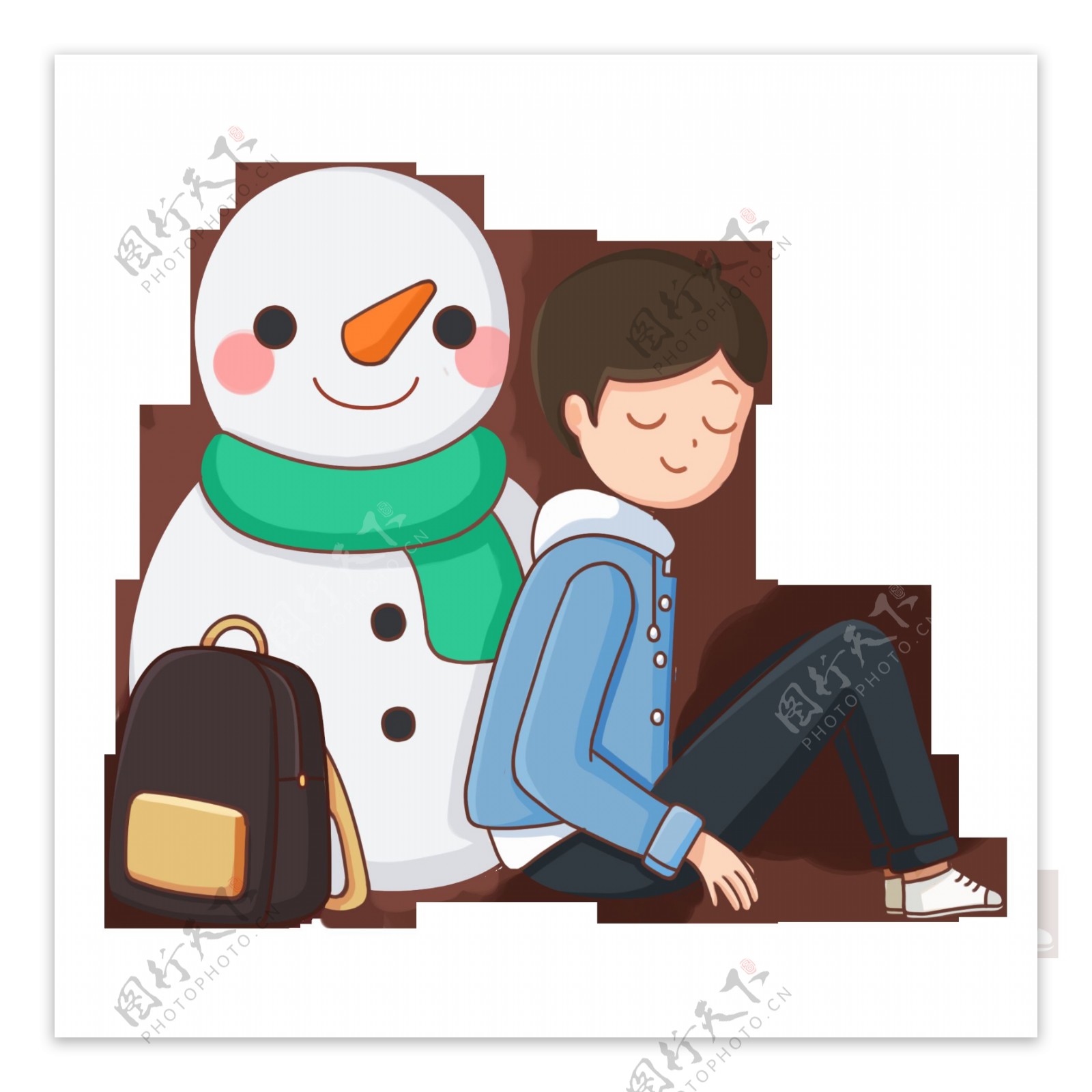 手绘靠着雪人的男孩插画
