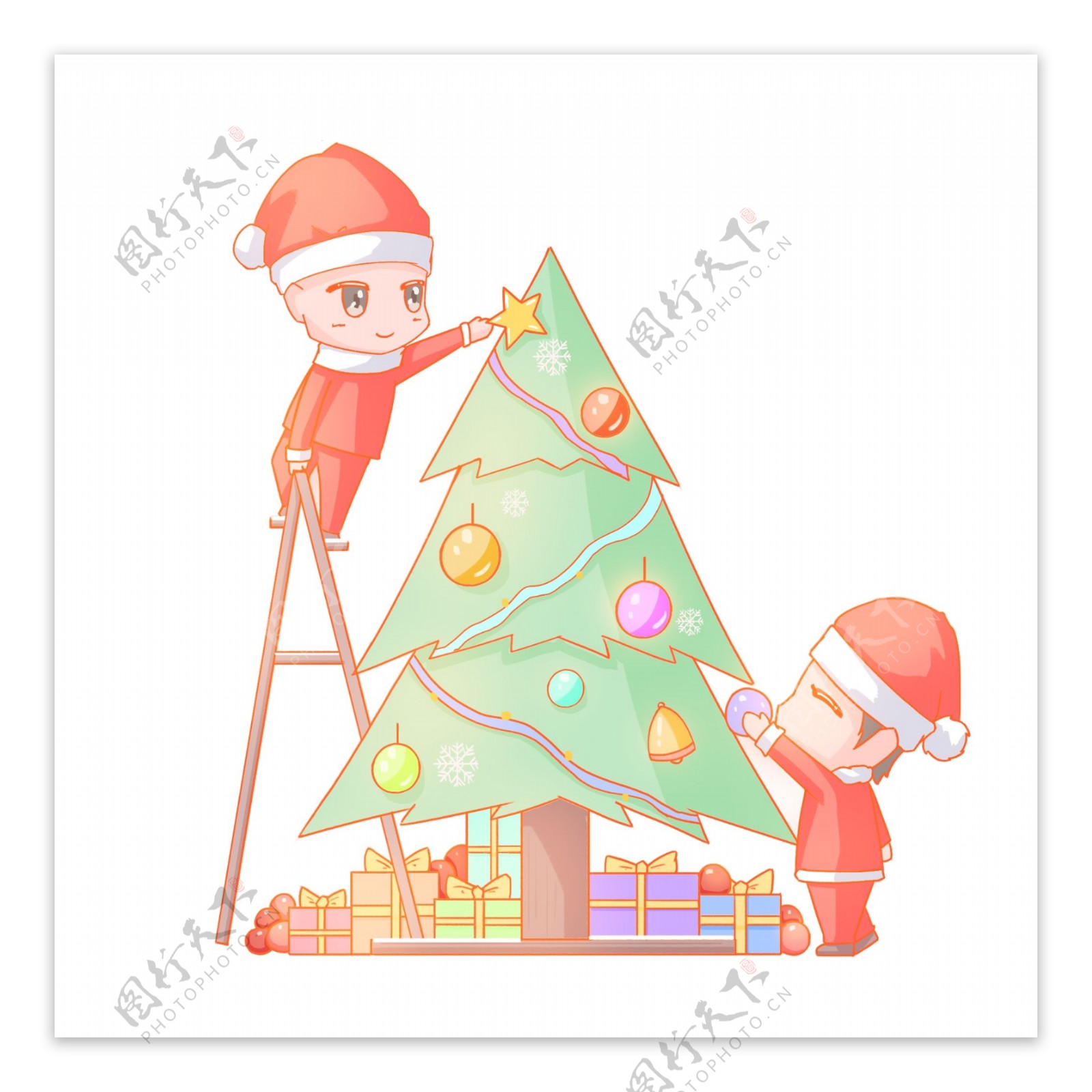 圣诞节卡通手绘人物装饰圣诞树免扣PNG