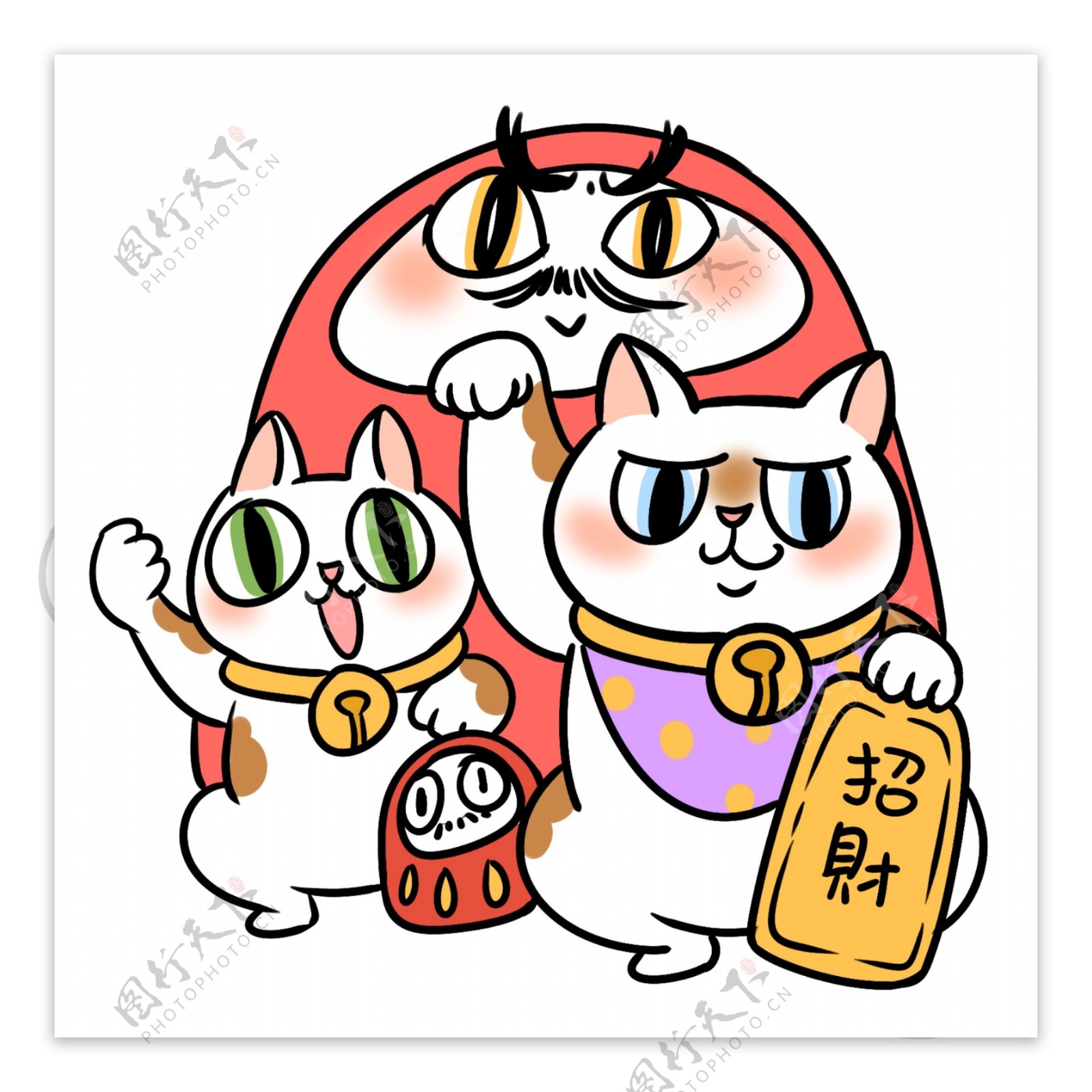 日式财神和招财猫卡通插画