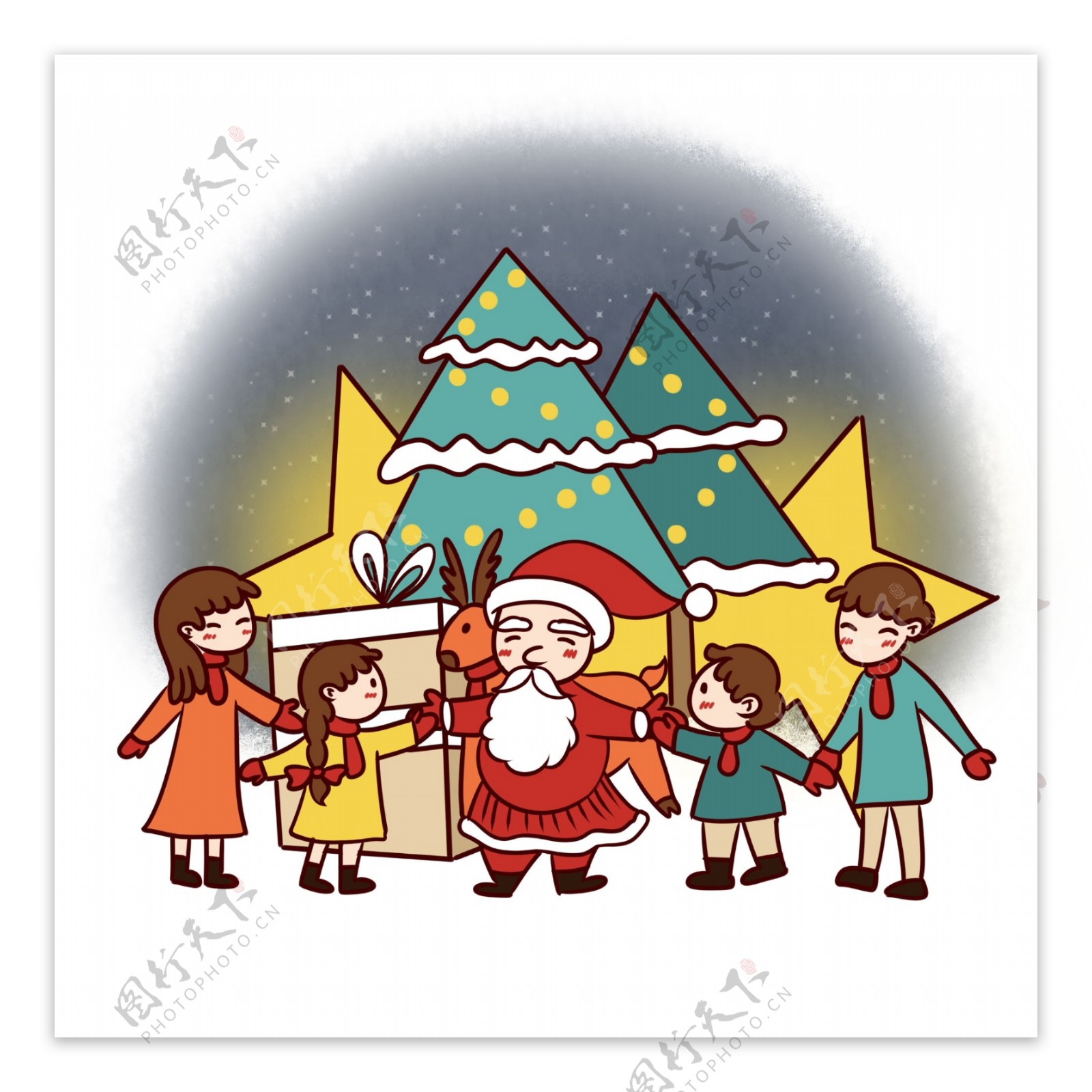 手绘卡通可爱圣诞节圣诞老人与一家人