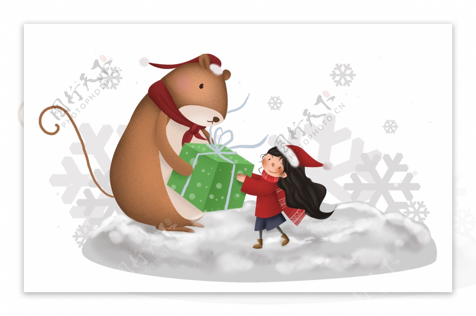 圣诞节送礼物的女孩和土拨鼠