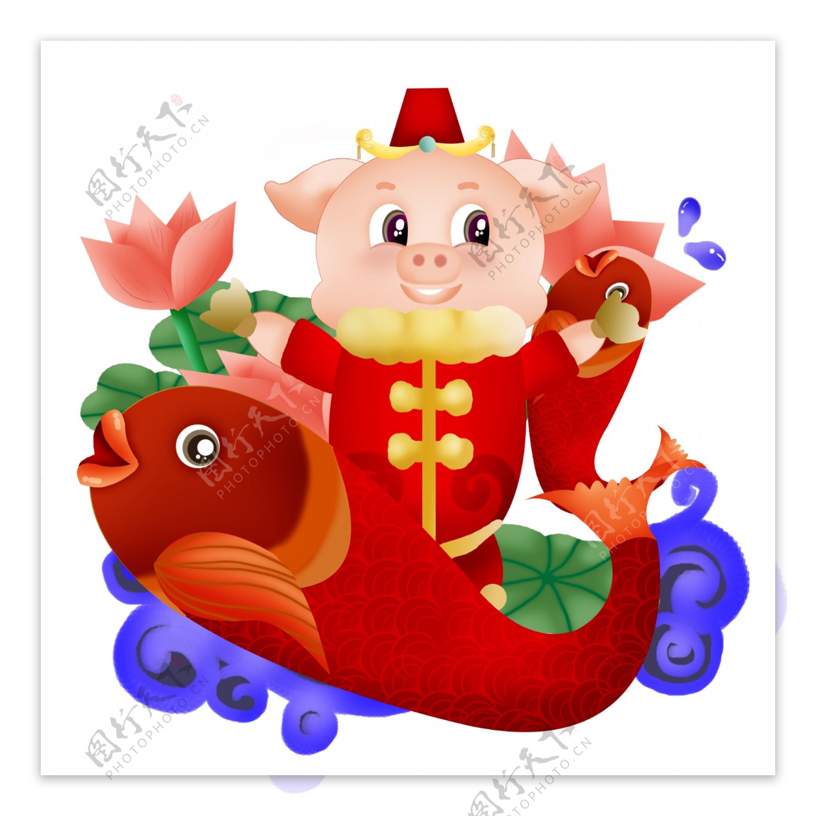 猪年大吉锦鲤年年有鱼新年祝福发财手绘插画手机界面