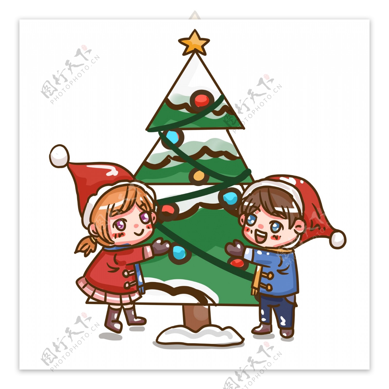 圣诞节可爱情侣与圣诞树庆祝卡通手绘素材
