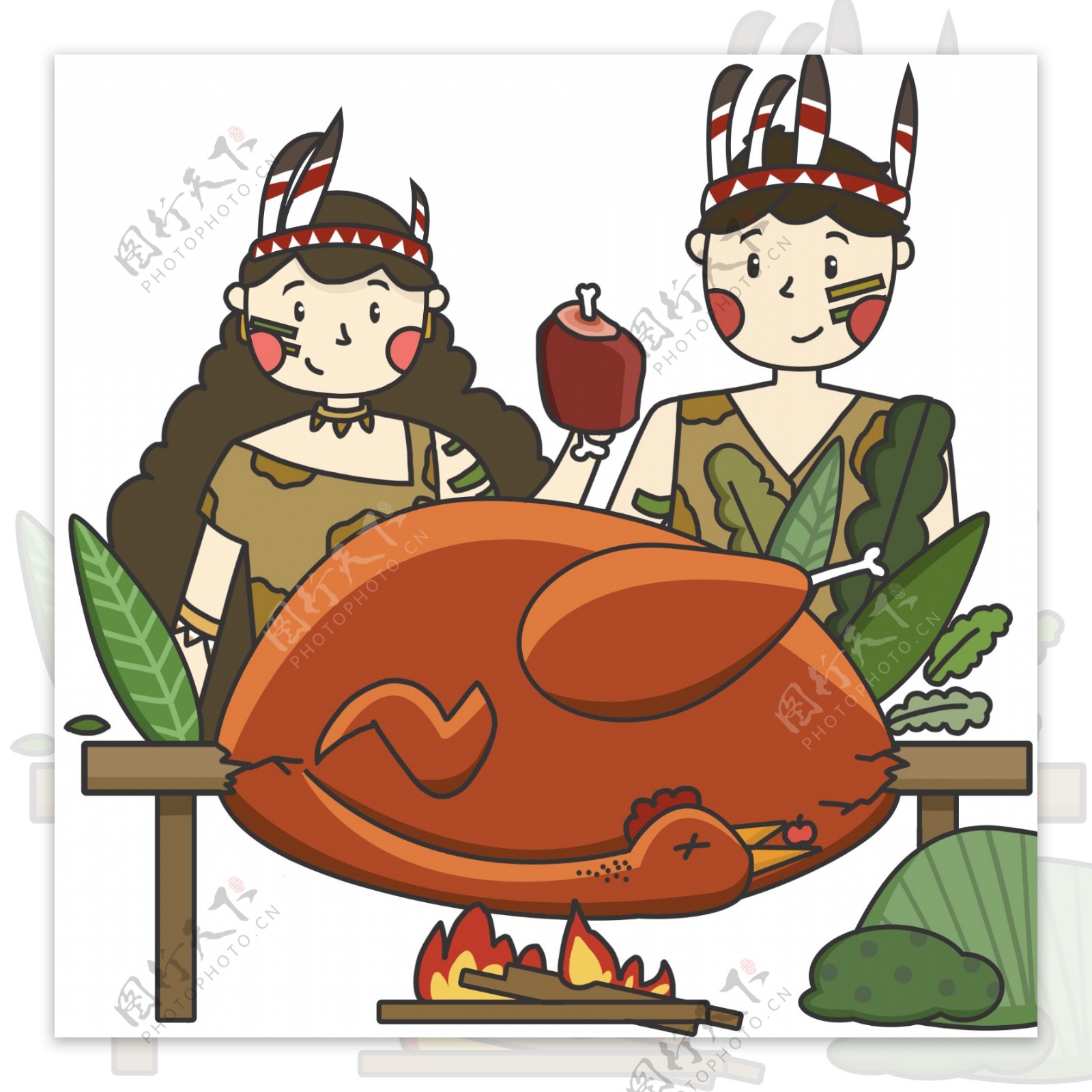 卡通手绘节日感恩节烤火鸡的原始人