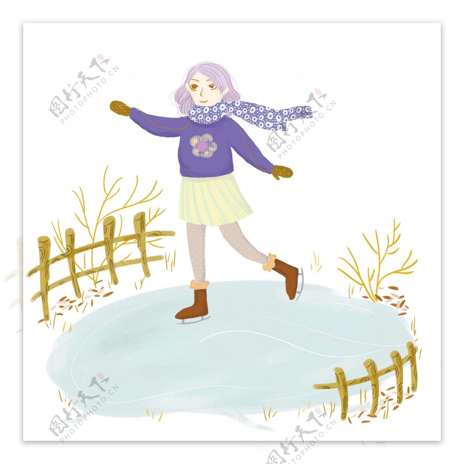 冬季冬天节气冬装卡通紫衣可爱小姑娘插画