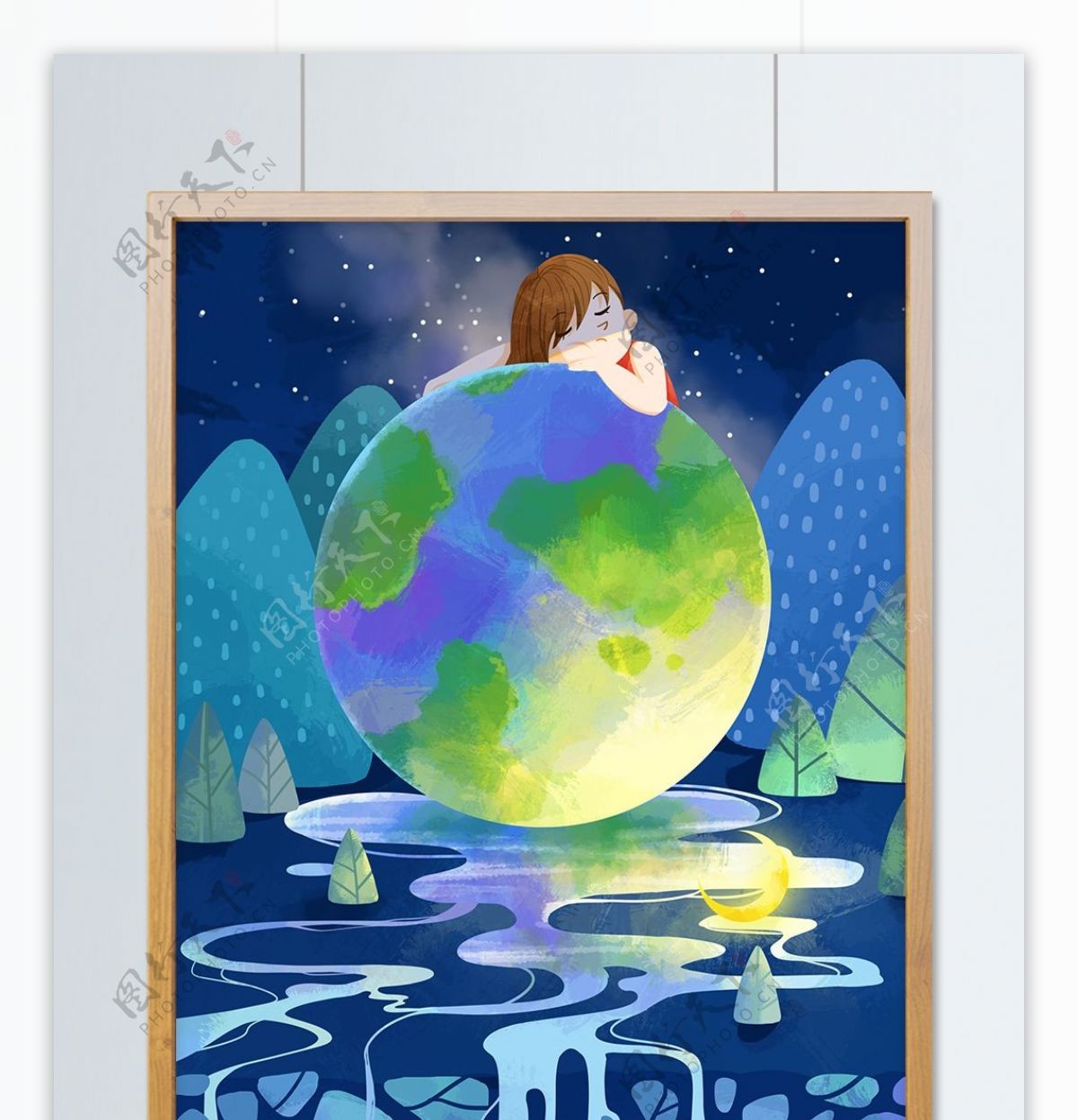 原创插画地球日小女孩怀抱地球保护环境
