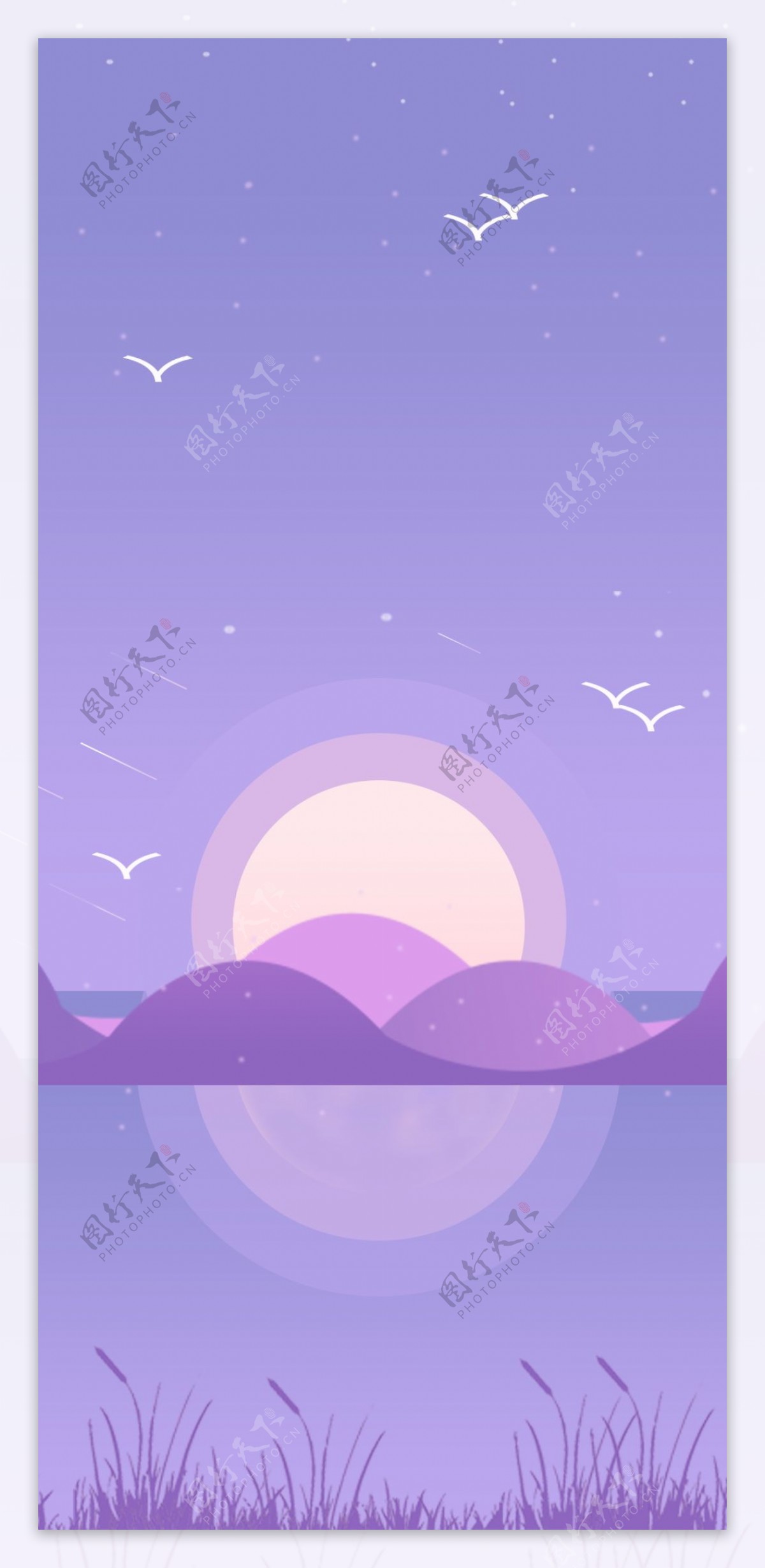 紫色手绘山水风景插画背景