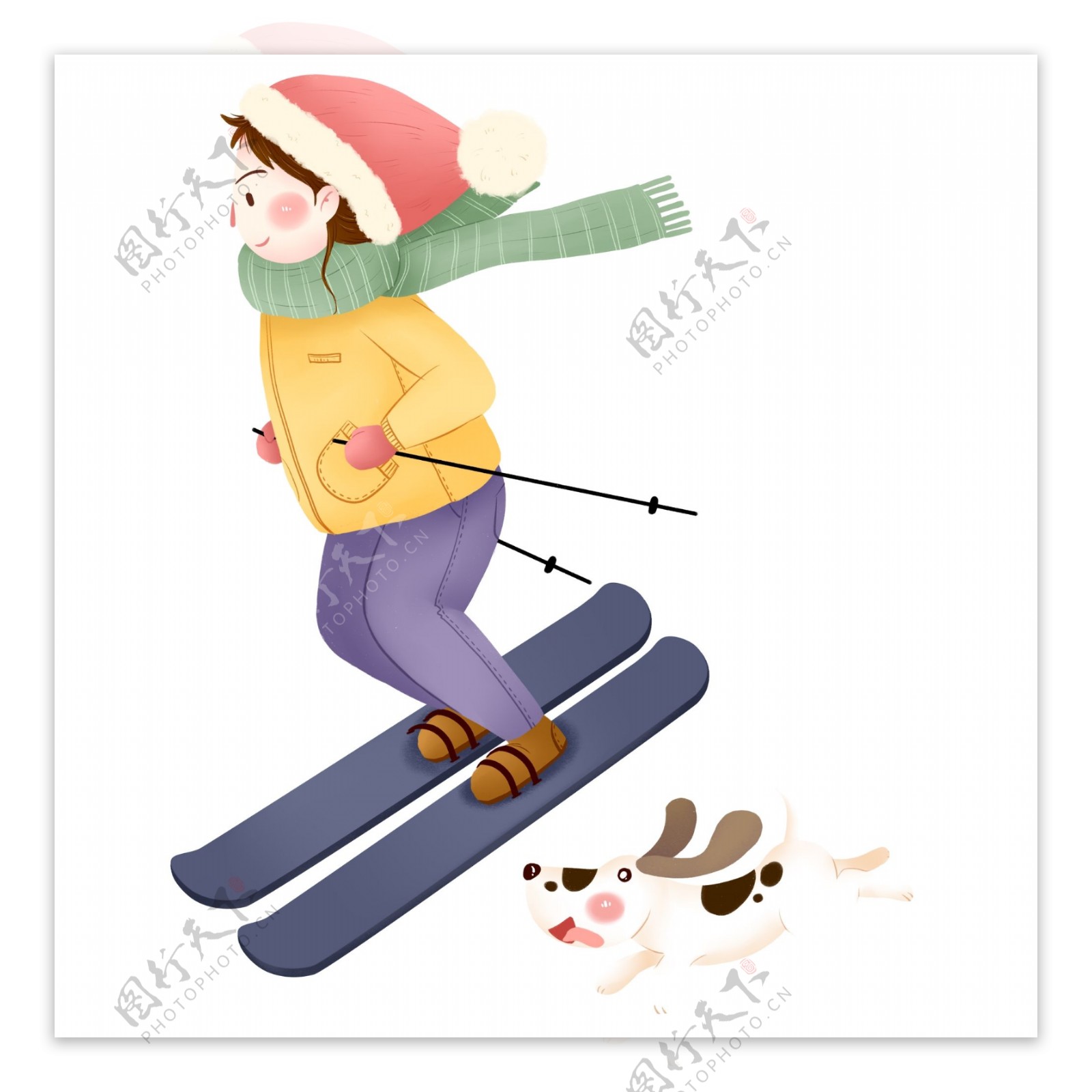 可爱卡通滑雪的女孩与狗元素