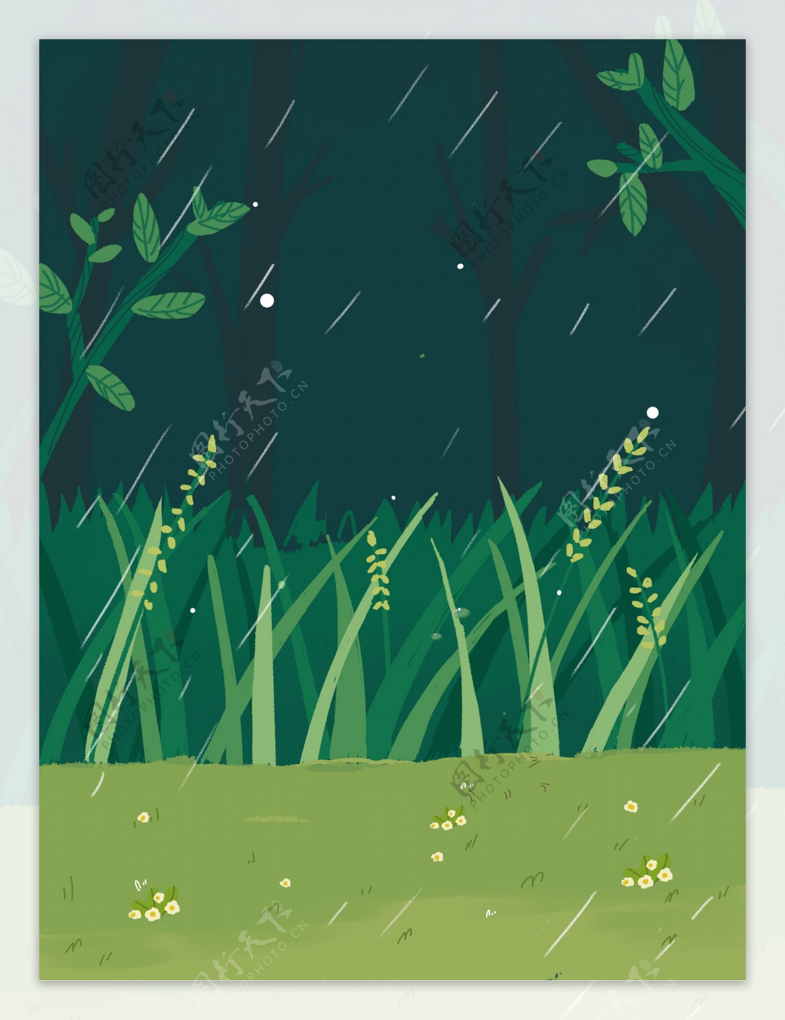 谷雨节气下雨草丛背景设计