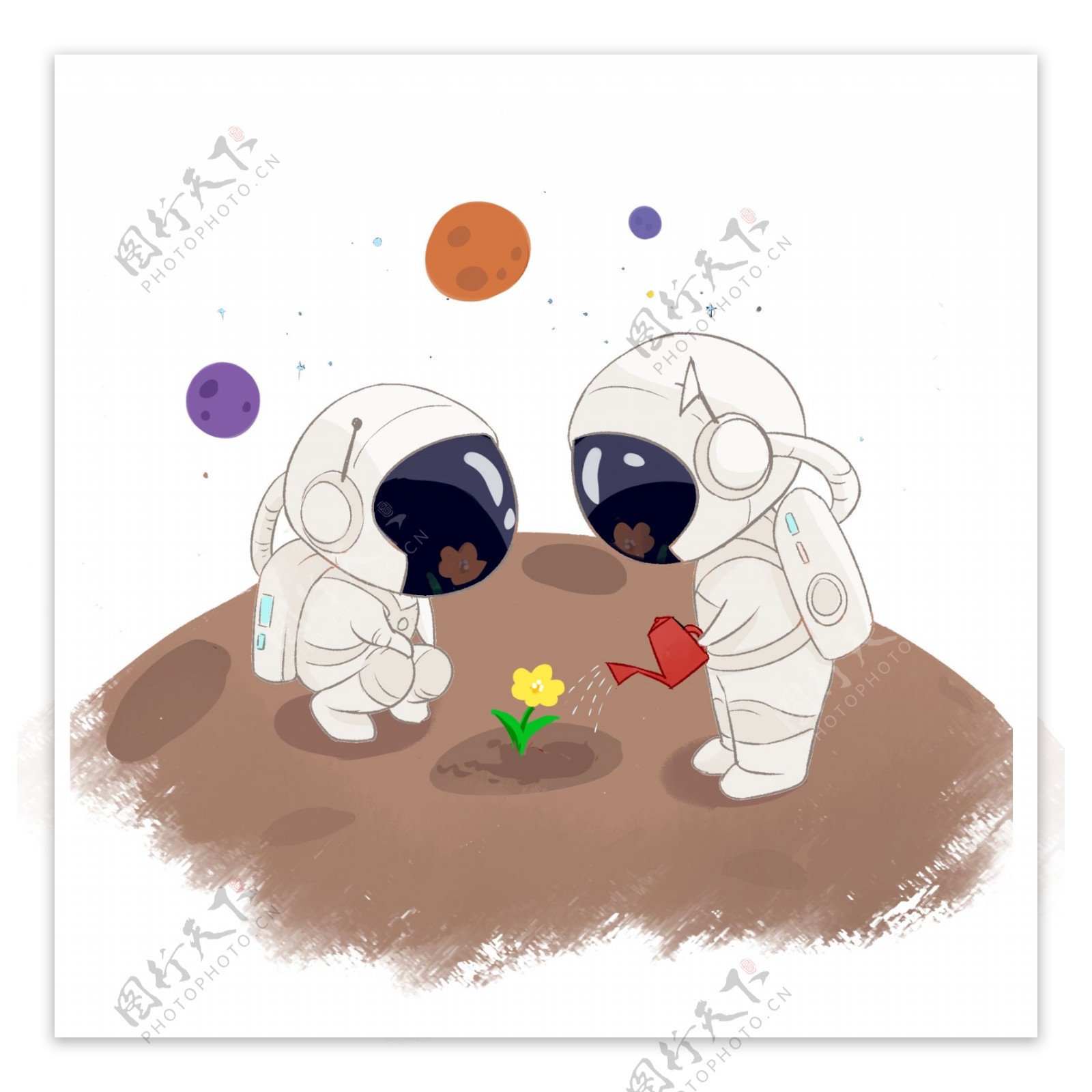 在外星浇花的两个宇航员