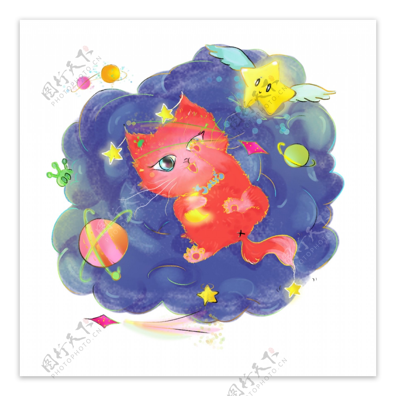 探索宇宙猫咪云朵星星星球蓝色橙色黄色卡通