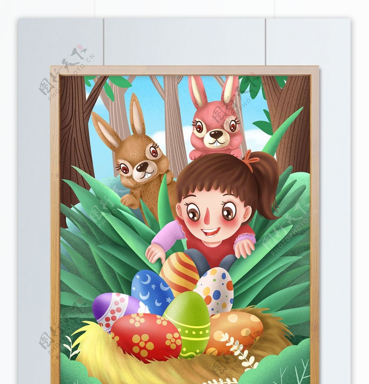 女孩和兔子们寻找复活节彩蛋原创插画