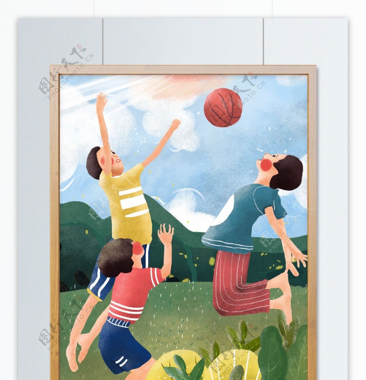 儿童节儿童在草地上玩篮球原创插画