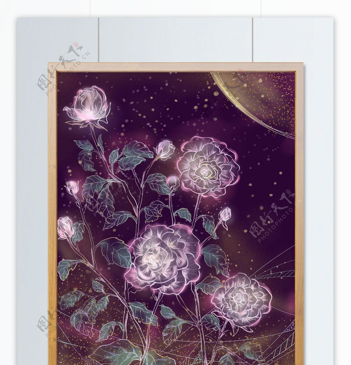 透明质感蔷薇中国风插画花卉装饰画撒点发光