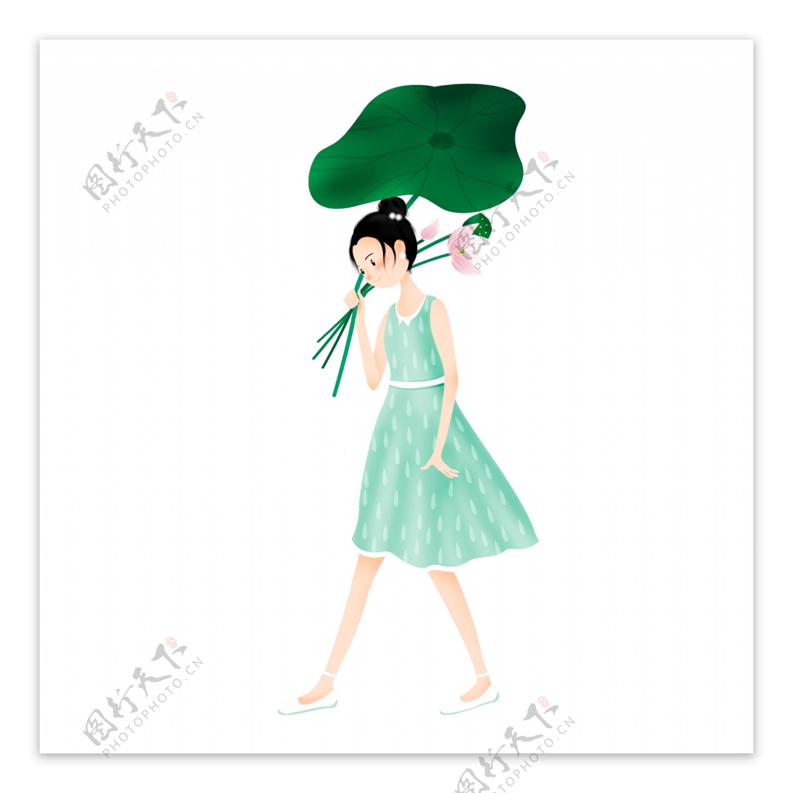 绿色小清新撑着荷叶伞的女孩
