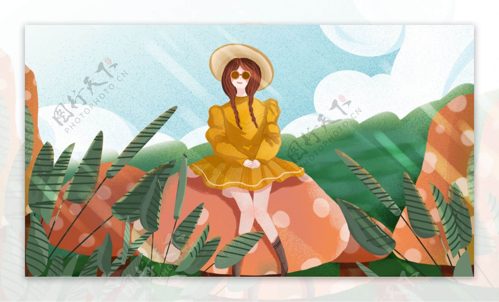 原创手绘插画坐在蘑菇女孩背景设计