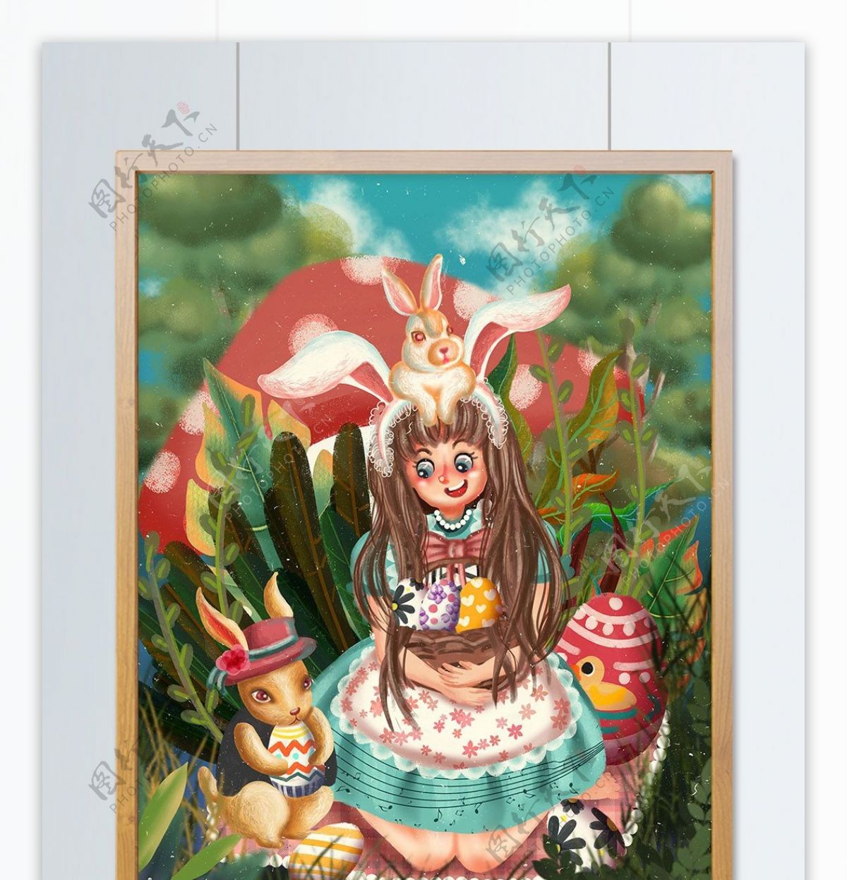 复活节节日兔子女孩儿童玩耍彩蛋树丛春游