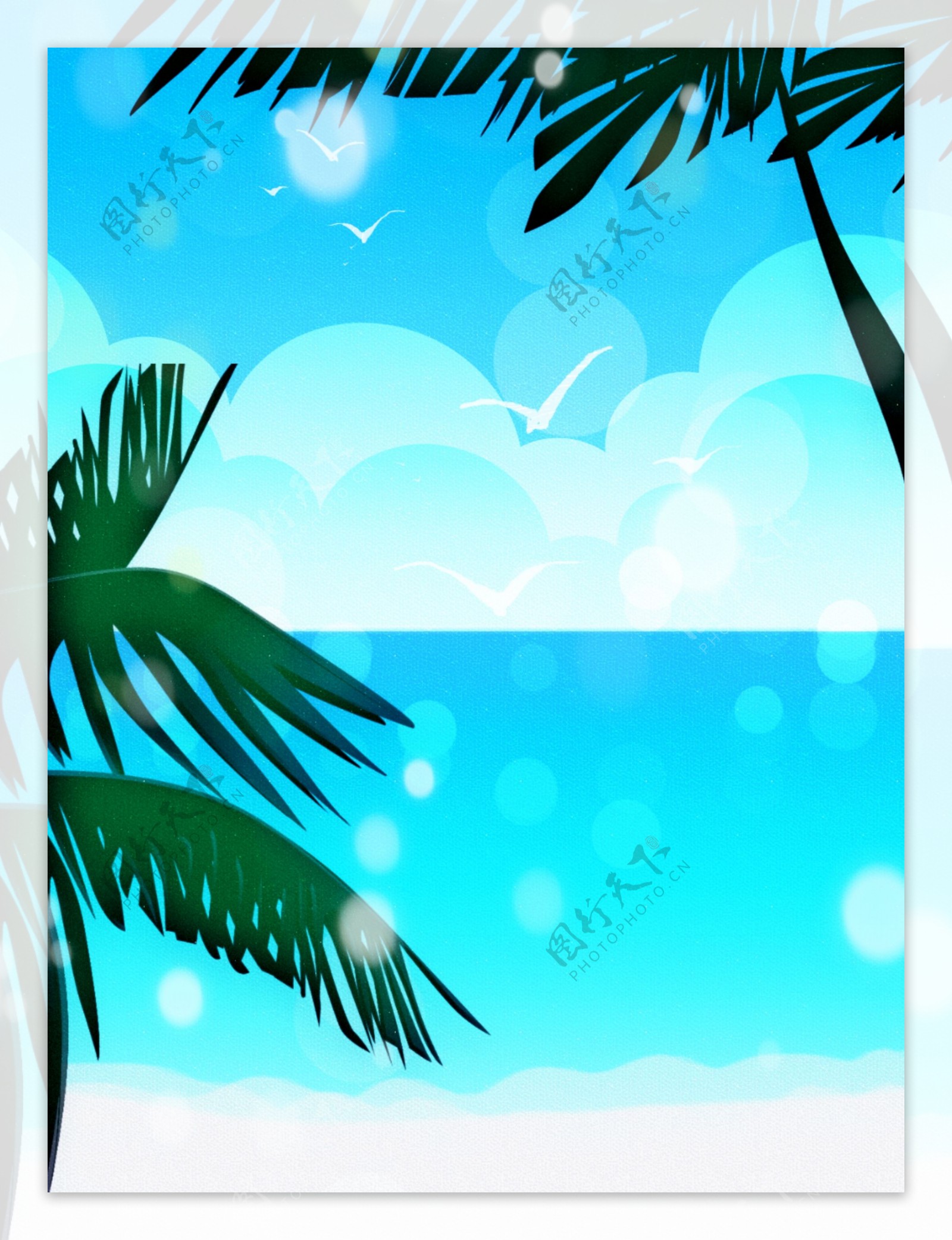 简约小清新手绘蓝天白云海边沙滩背景