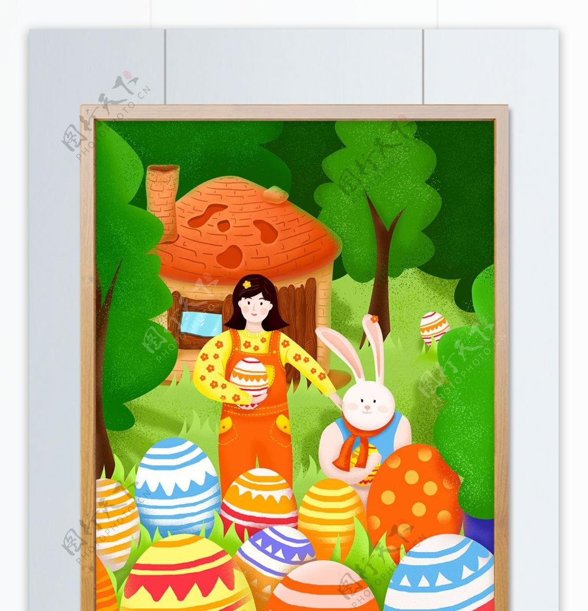 复活节兔子彩蛋女孩欢度派对复活节节日插画