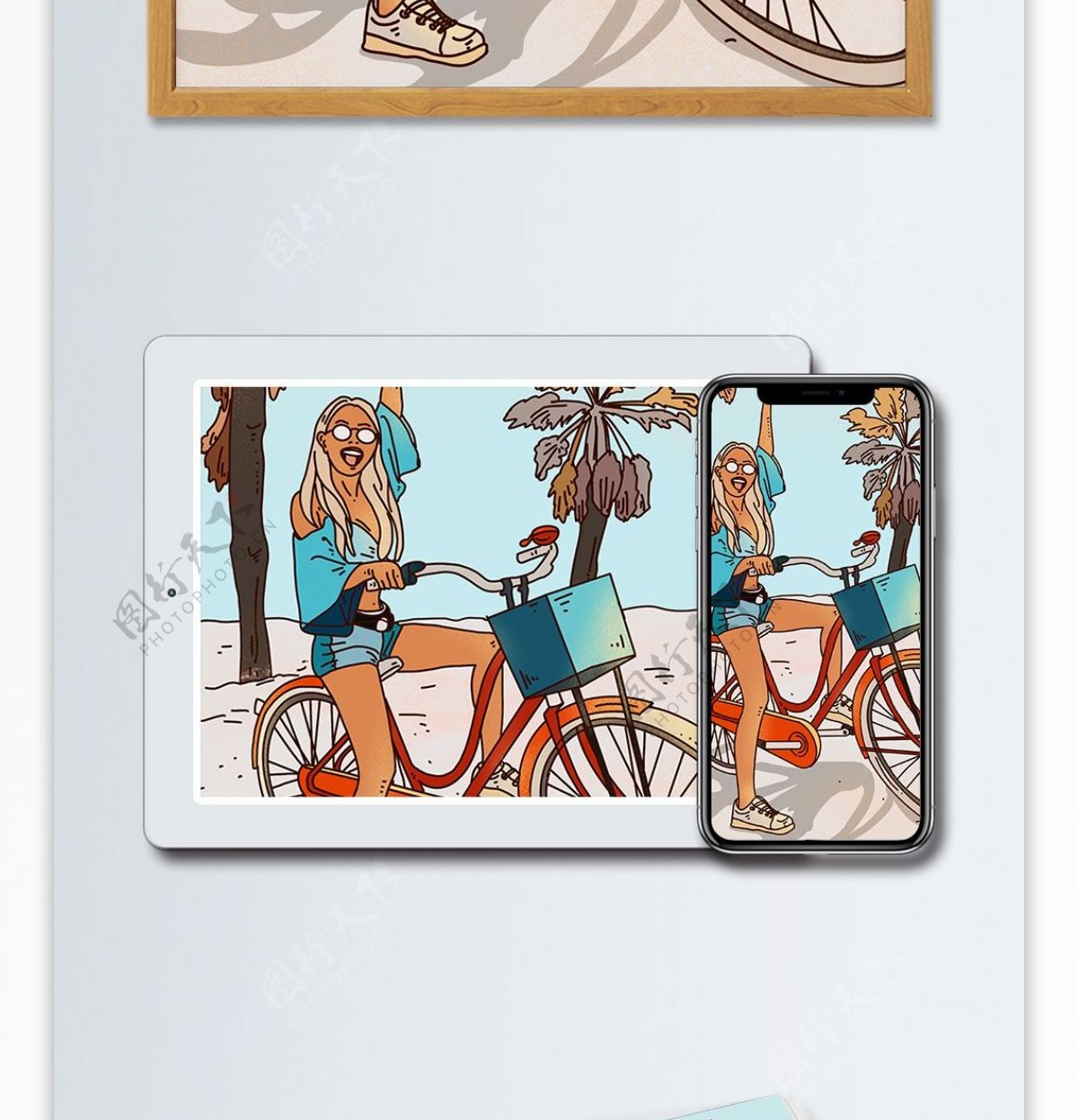 五四青年节女孩骑单车沙滩游玩商业插画