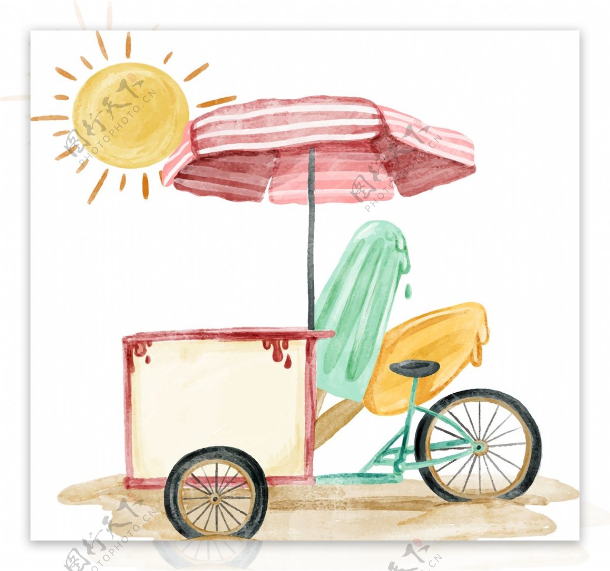 彩绘夏季沙滩冰淇淋车矢量素材
