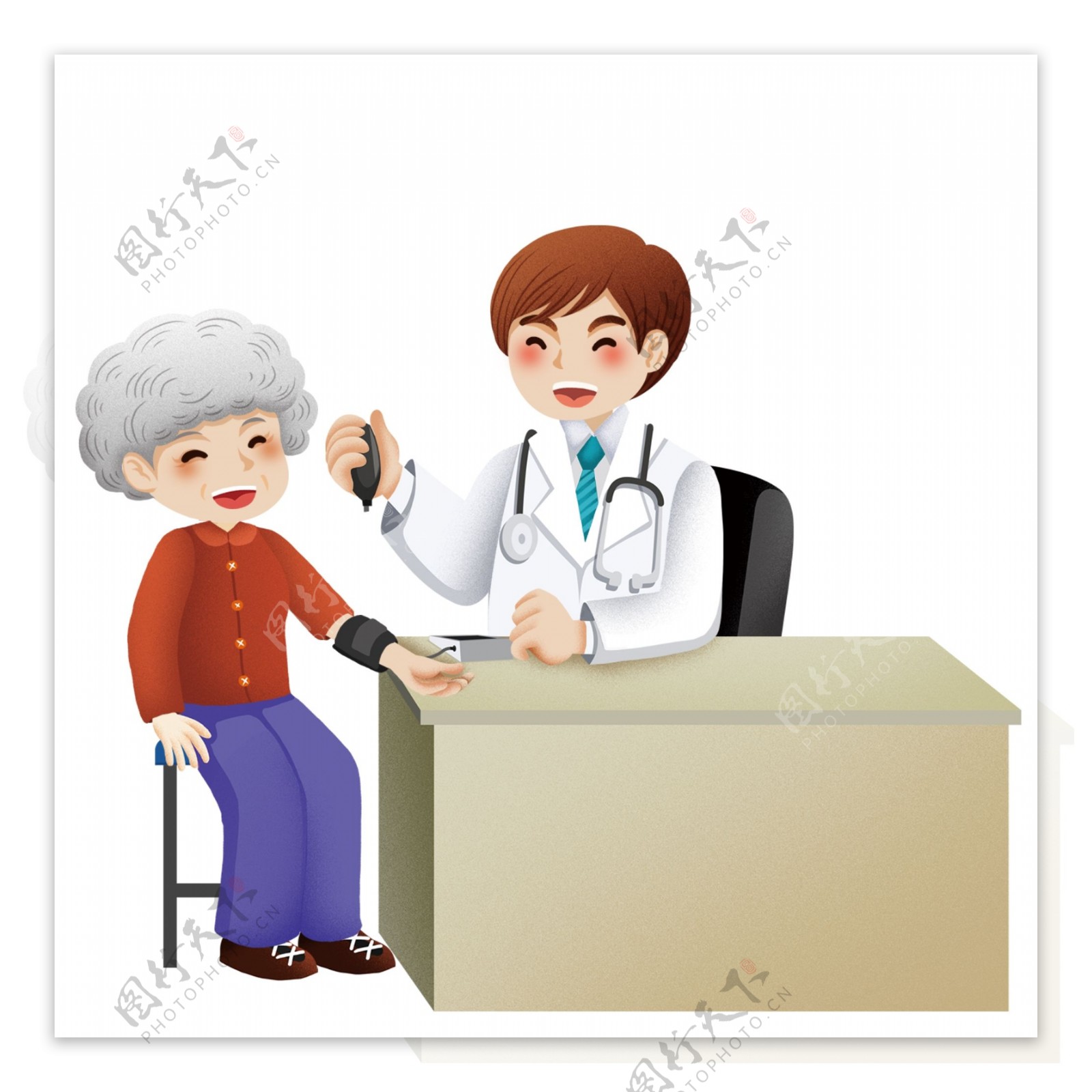 手绘卡通医生与老奶奶元素