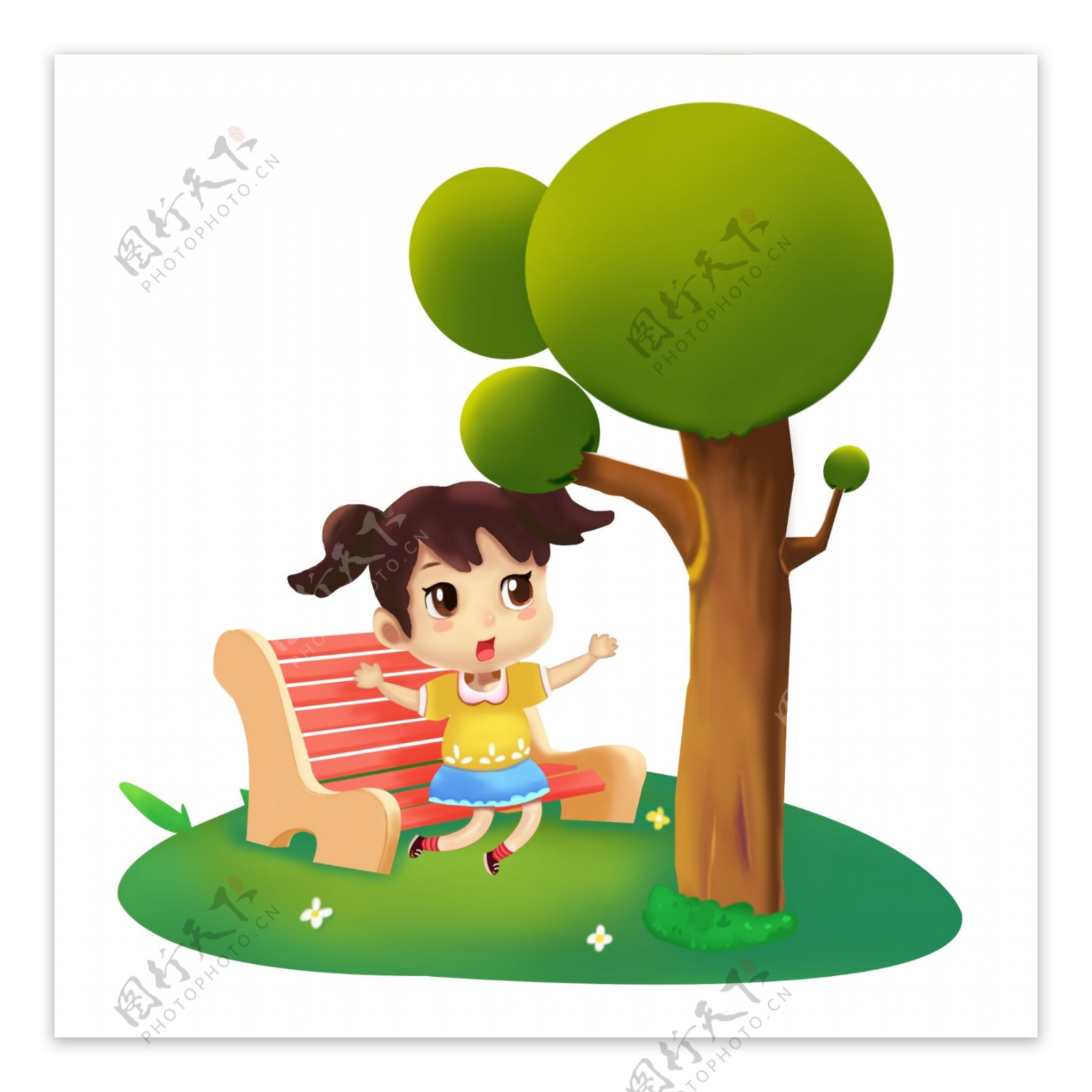 可爱小女孩坐椅子树下纳凉场景