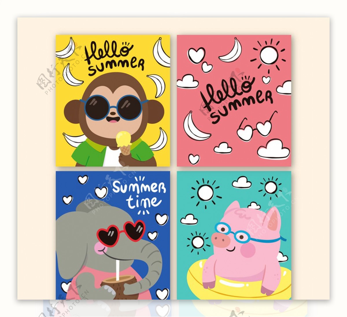 4款彩绘夏季动物卡片