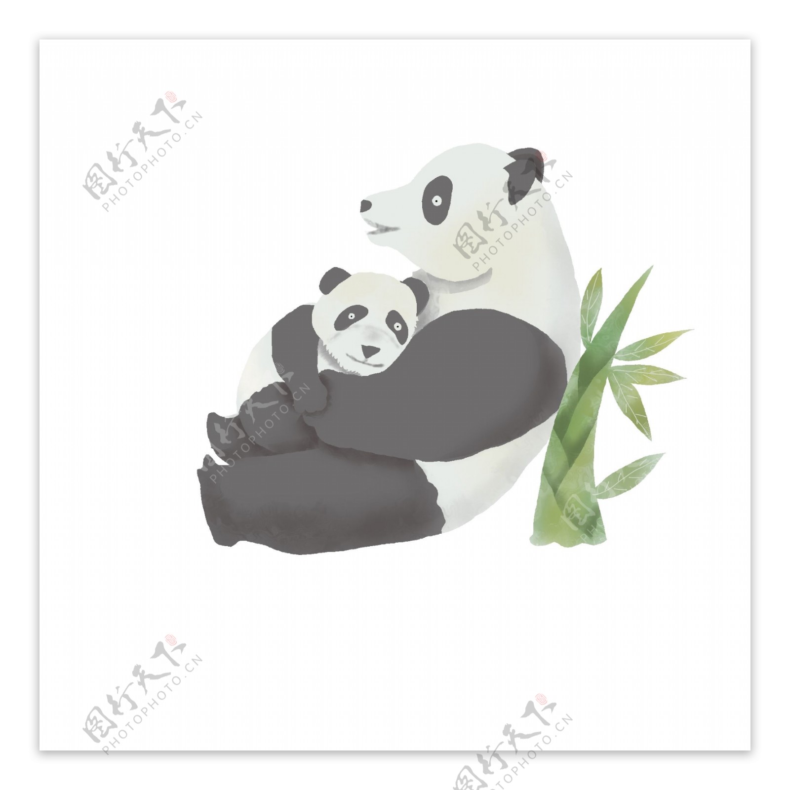 熊猫母亲抱着小熊猫依靠竹子元素