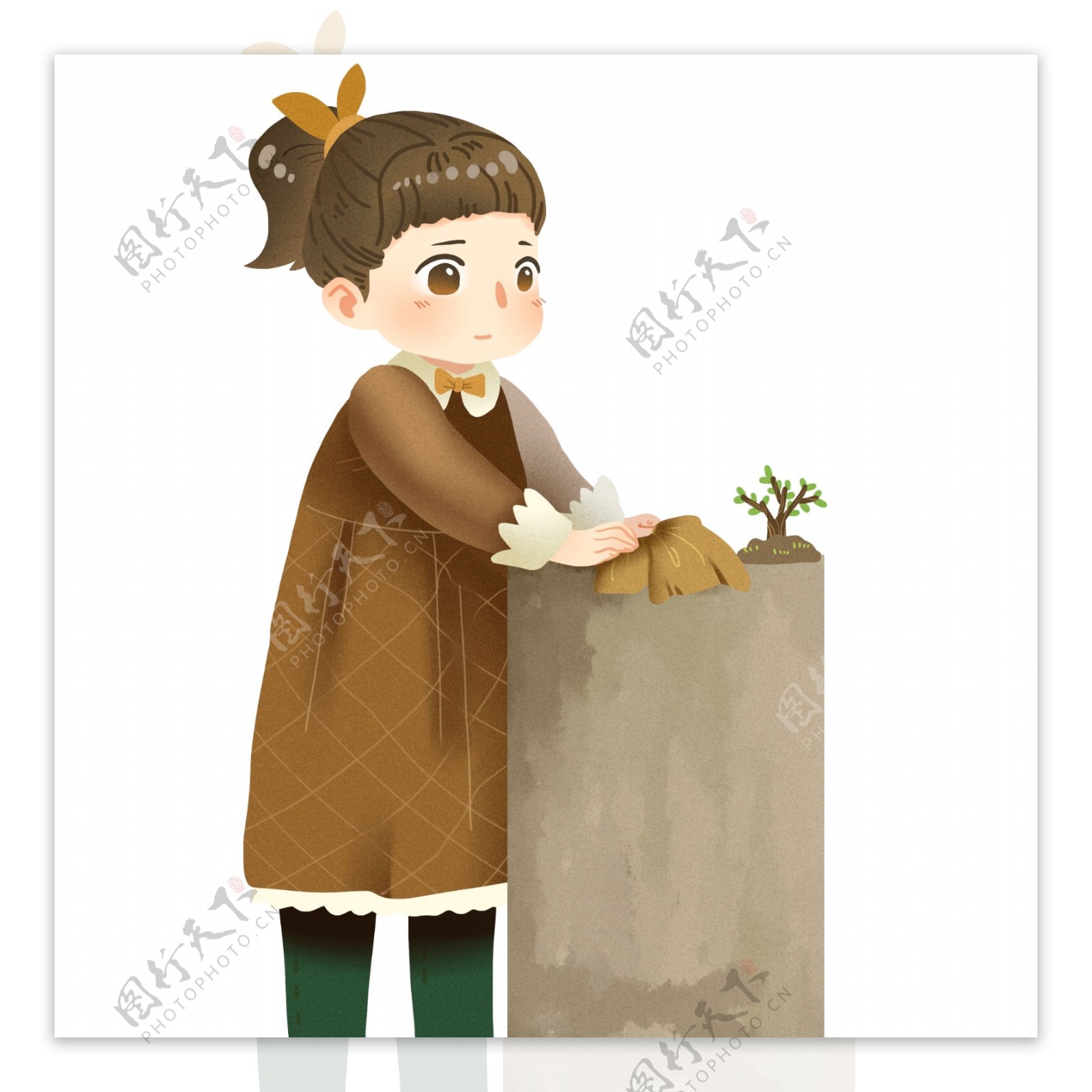 复古手绘一个扫墓的女孩子插画设计