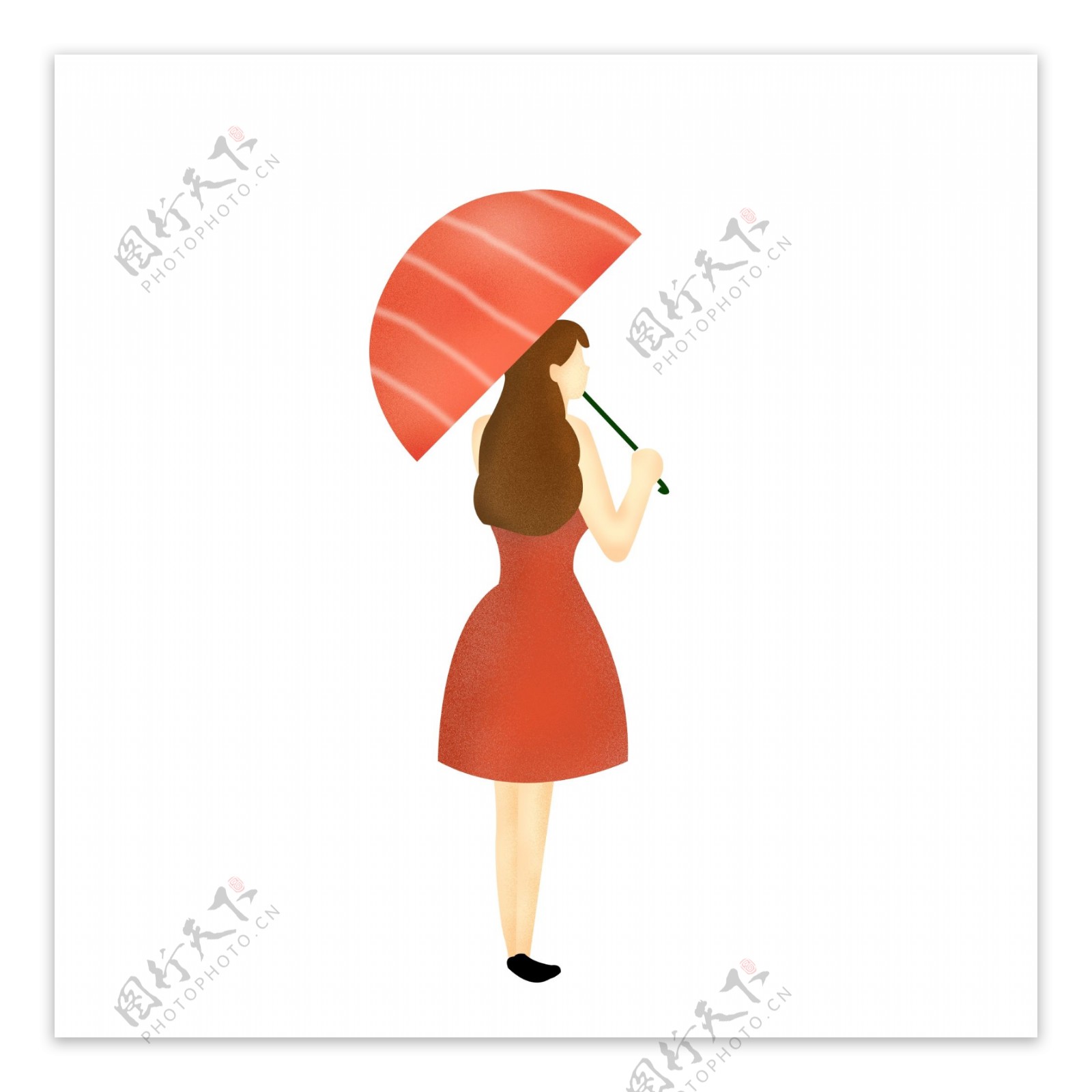 红色衣服女生打雨伞图案素材
