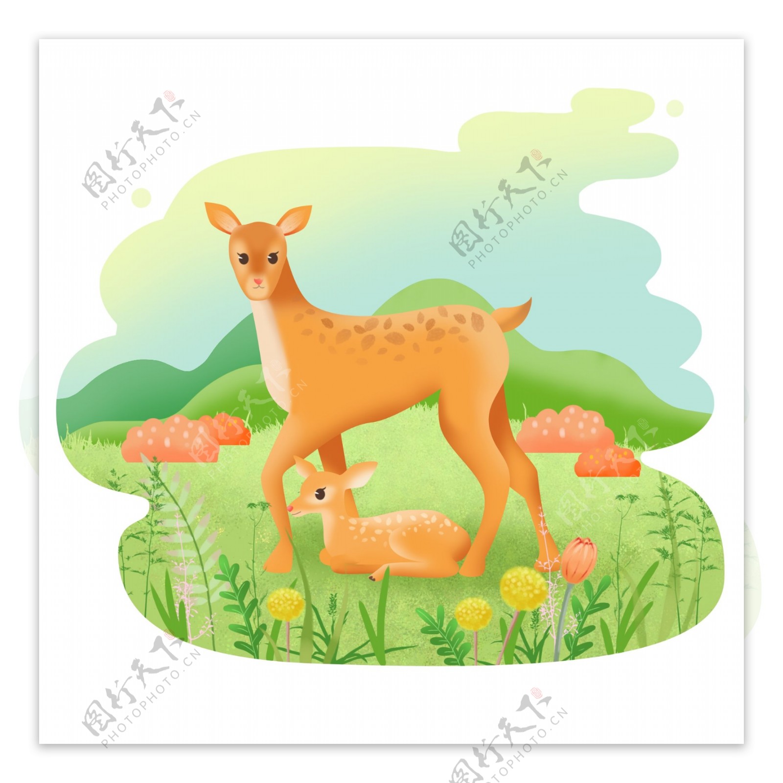 母亲节鹿手绘母亲和孩子动物草原卡通元素