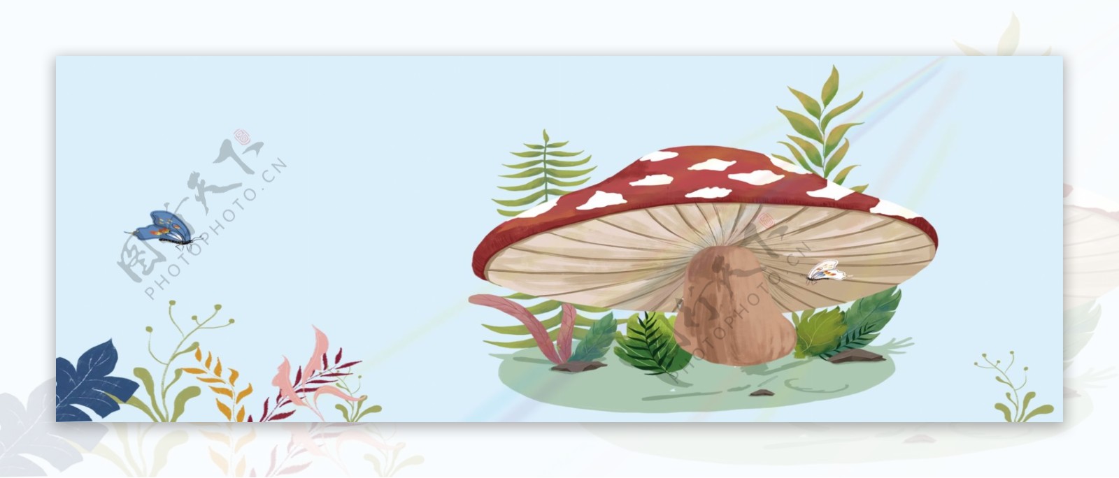 小清新春天红色蘑菇蓝色背景免抠图