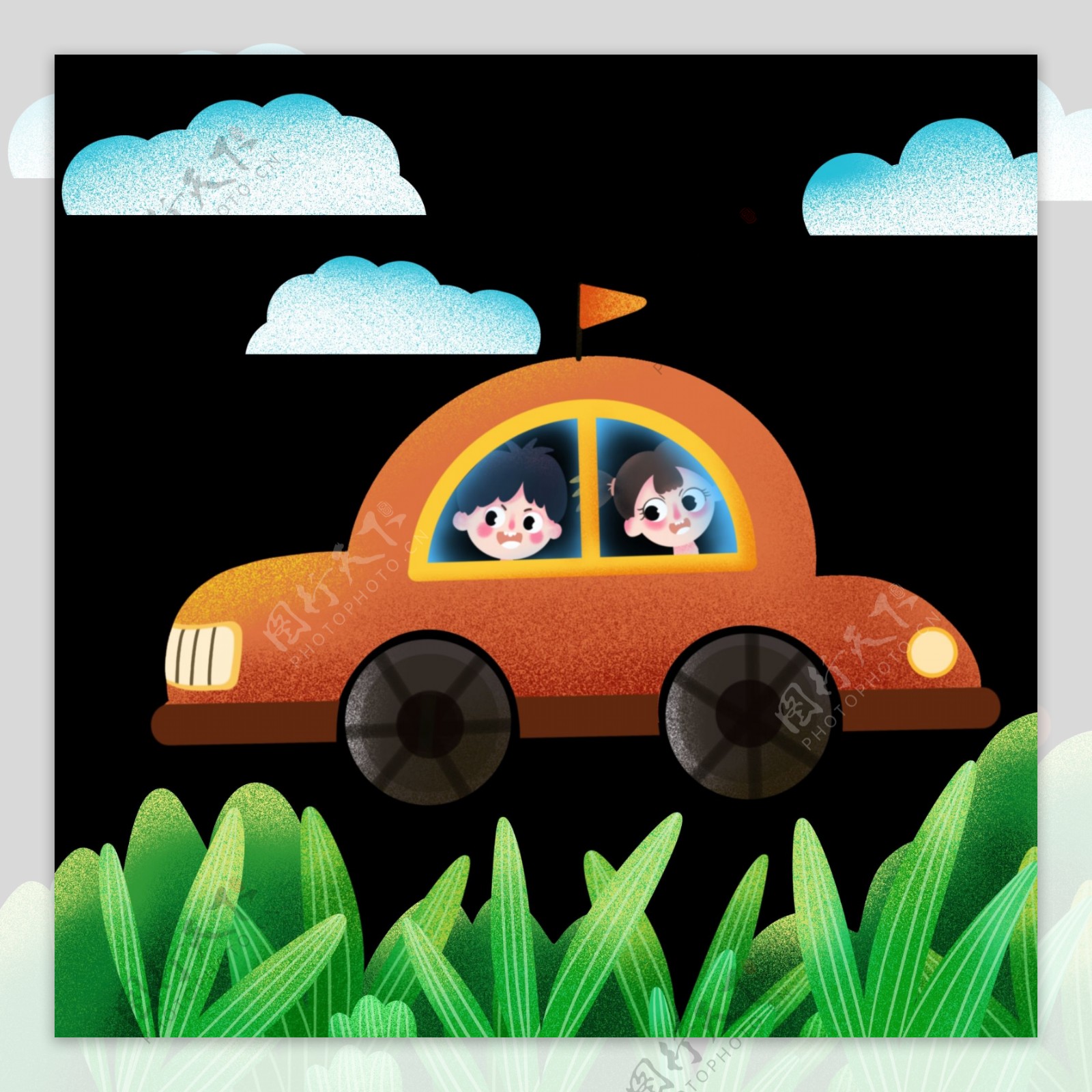 儿童节春游坐汽车的儿童png免抠图