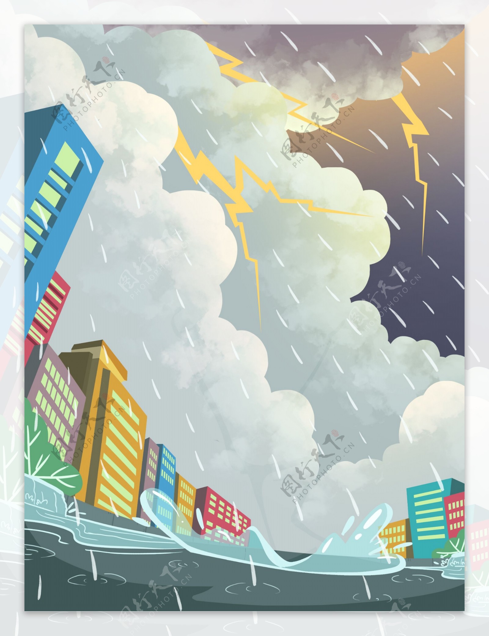 雨天城市建筑物插画