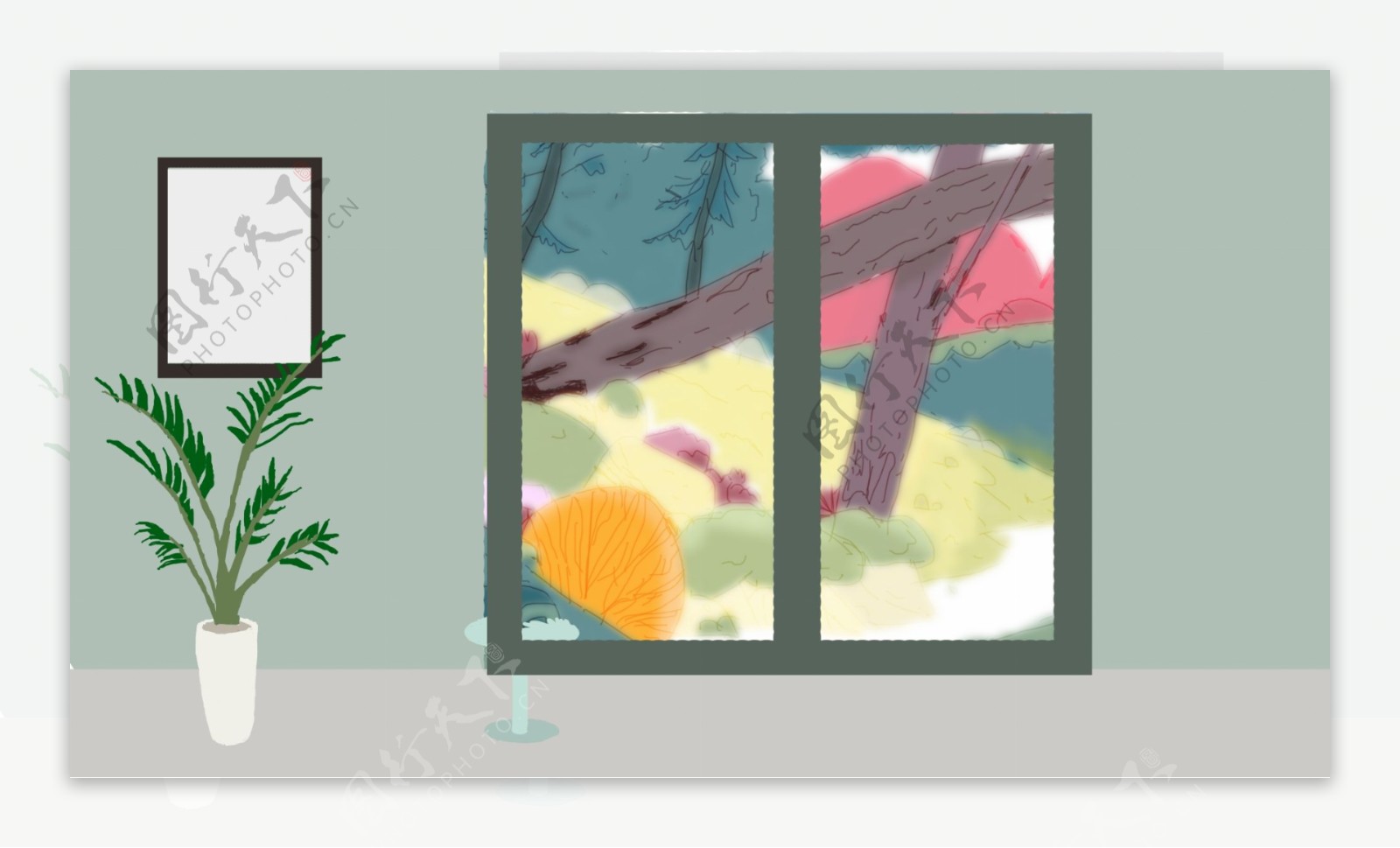 夏季室内盆栽窗外美景背景素材