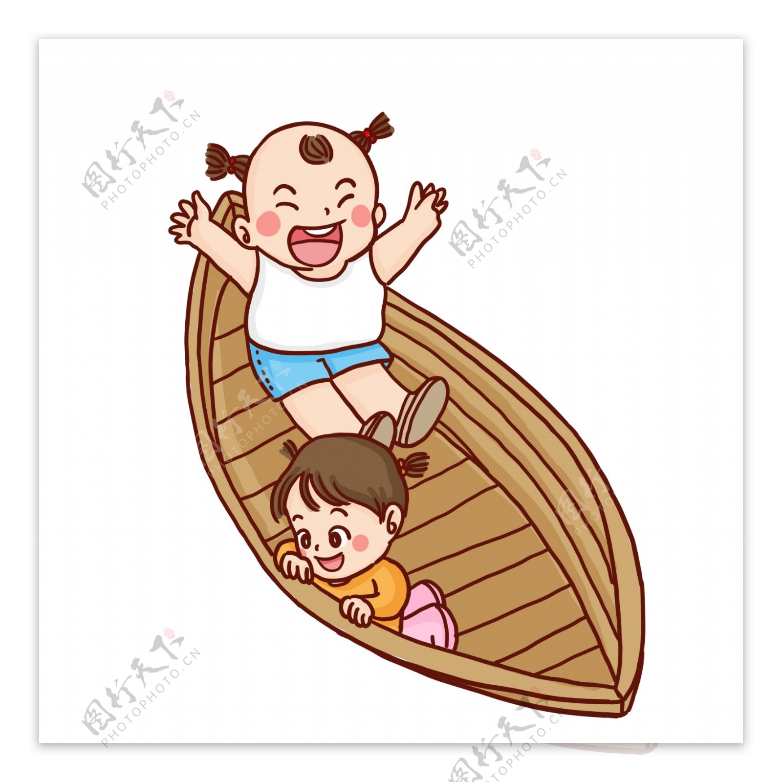 手绘乘船的两个小孩漫画人物