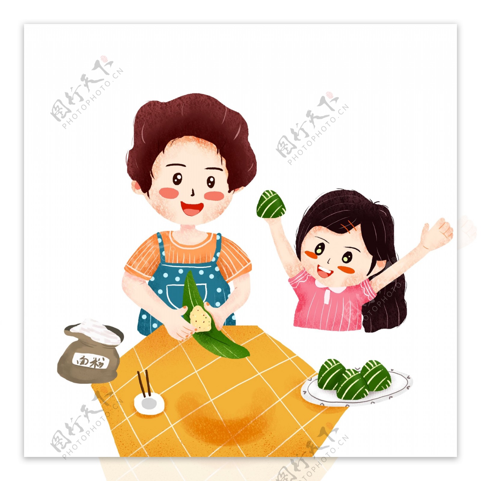 清新可爱包粽子的母女俩端午节素材