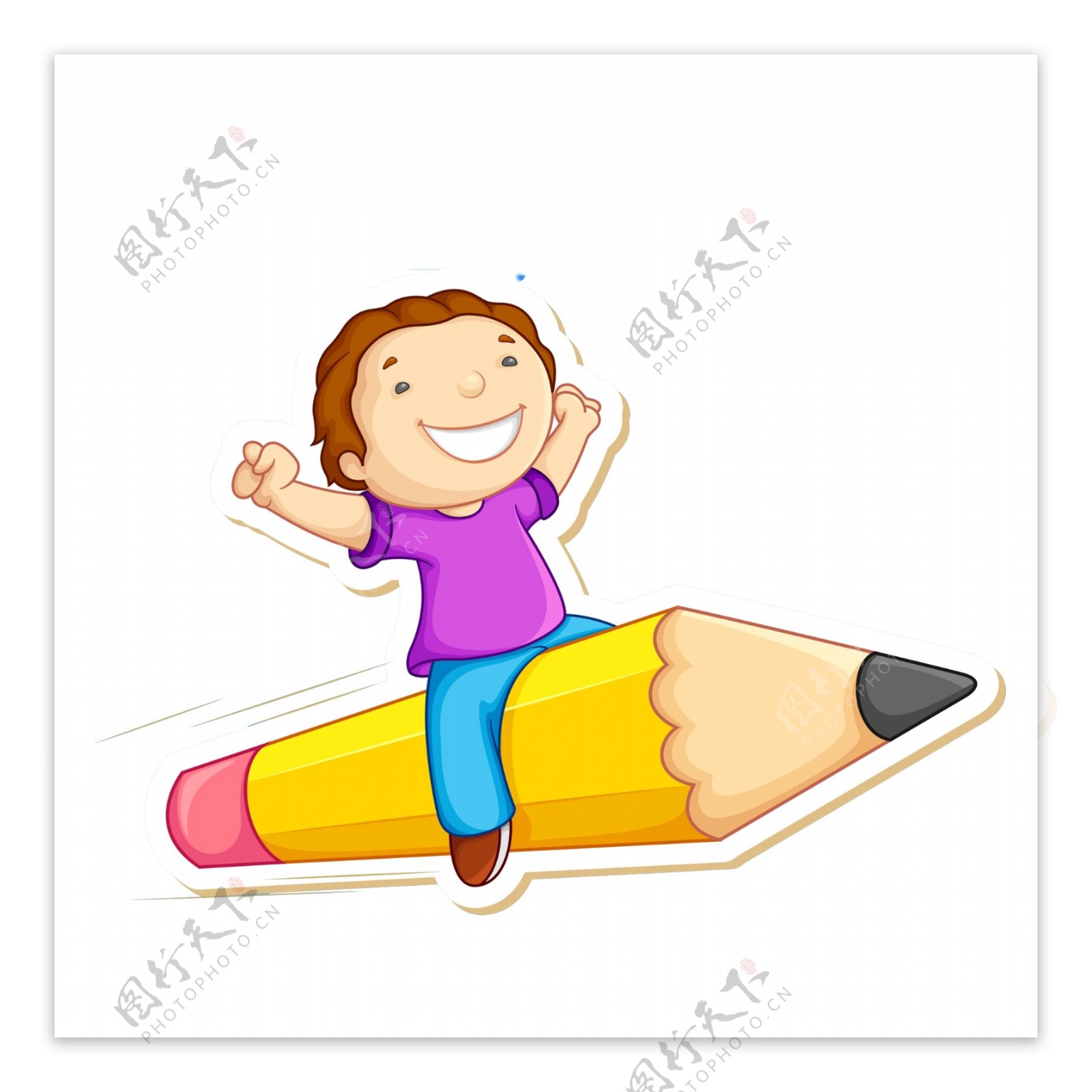 骑着铅笔飞翔的小孩免扣图