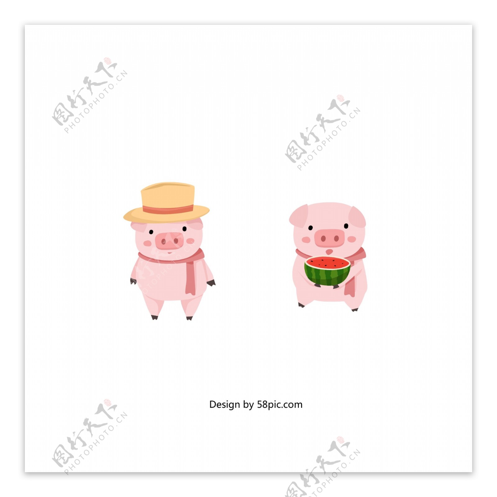 可商用夏日吃瓜和戴草帽的猪元素