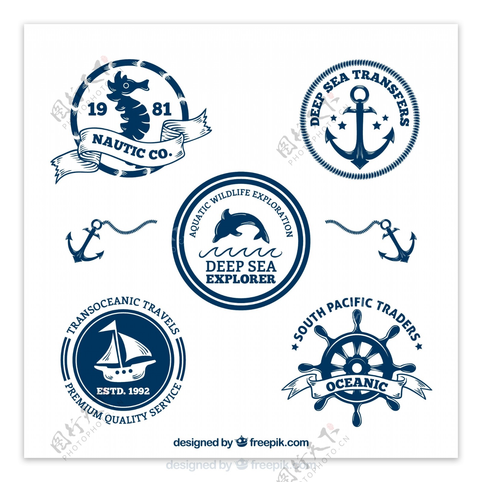 5款深蓝色航海徽章矢量素材