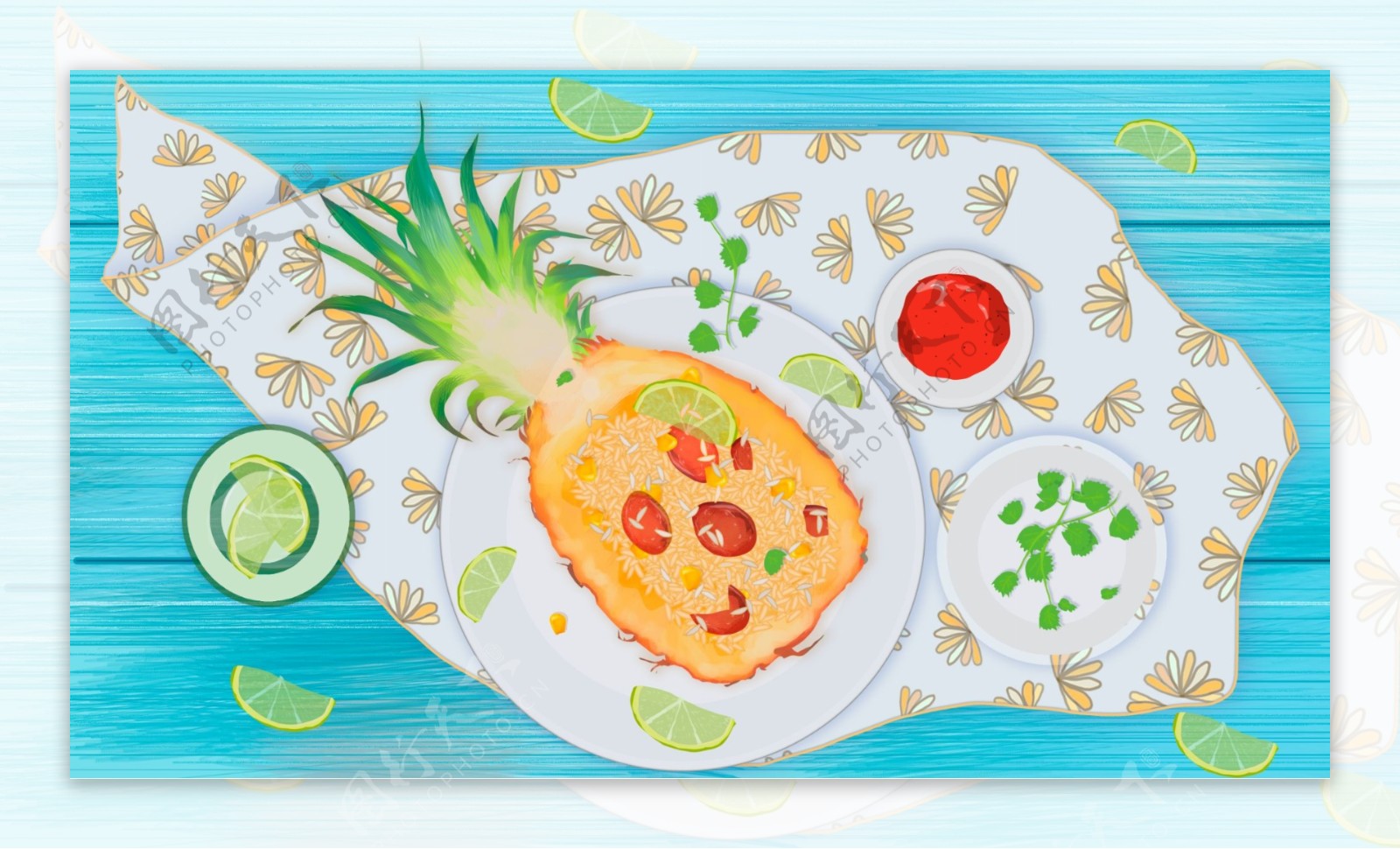 菠萝饭美食插画