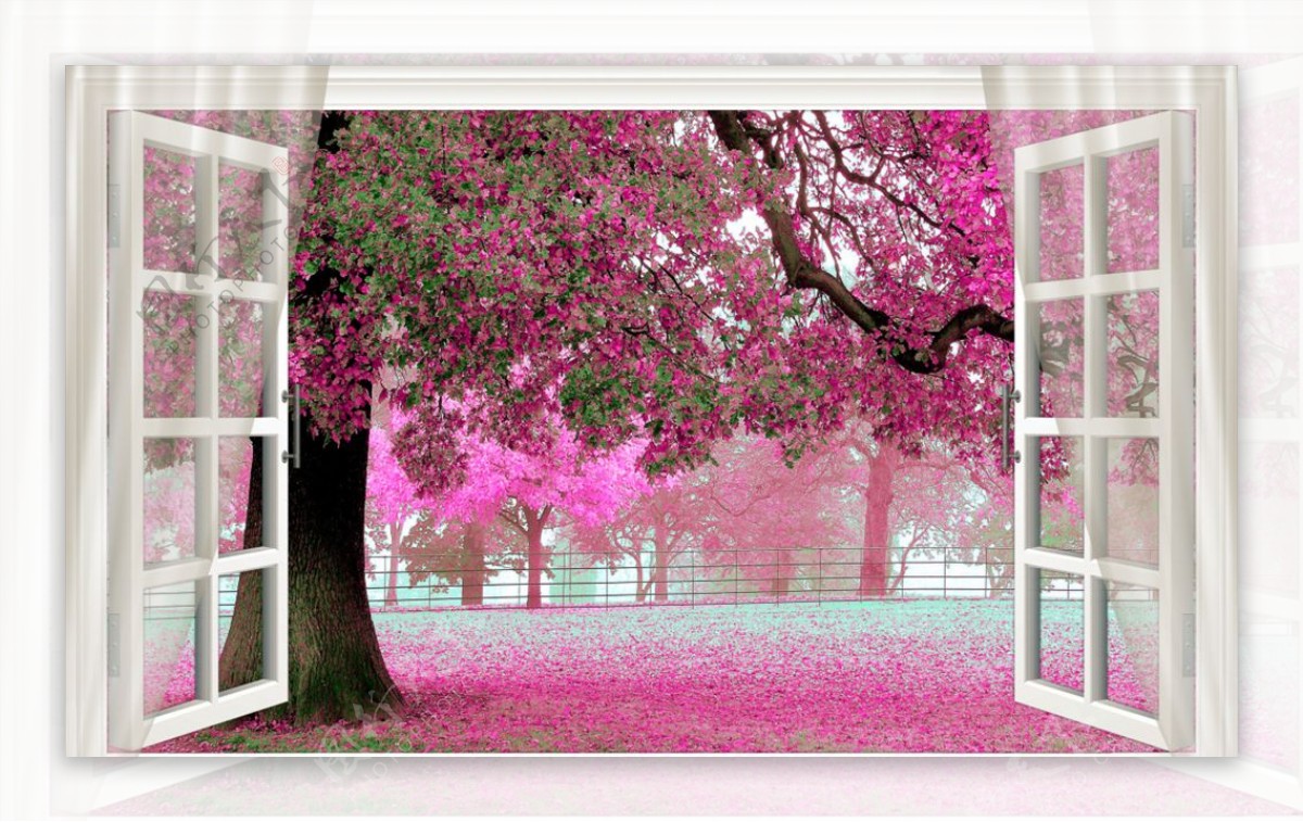 3D窗户红色樱花树背景墙图