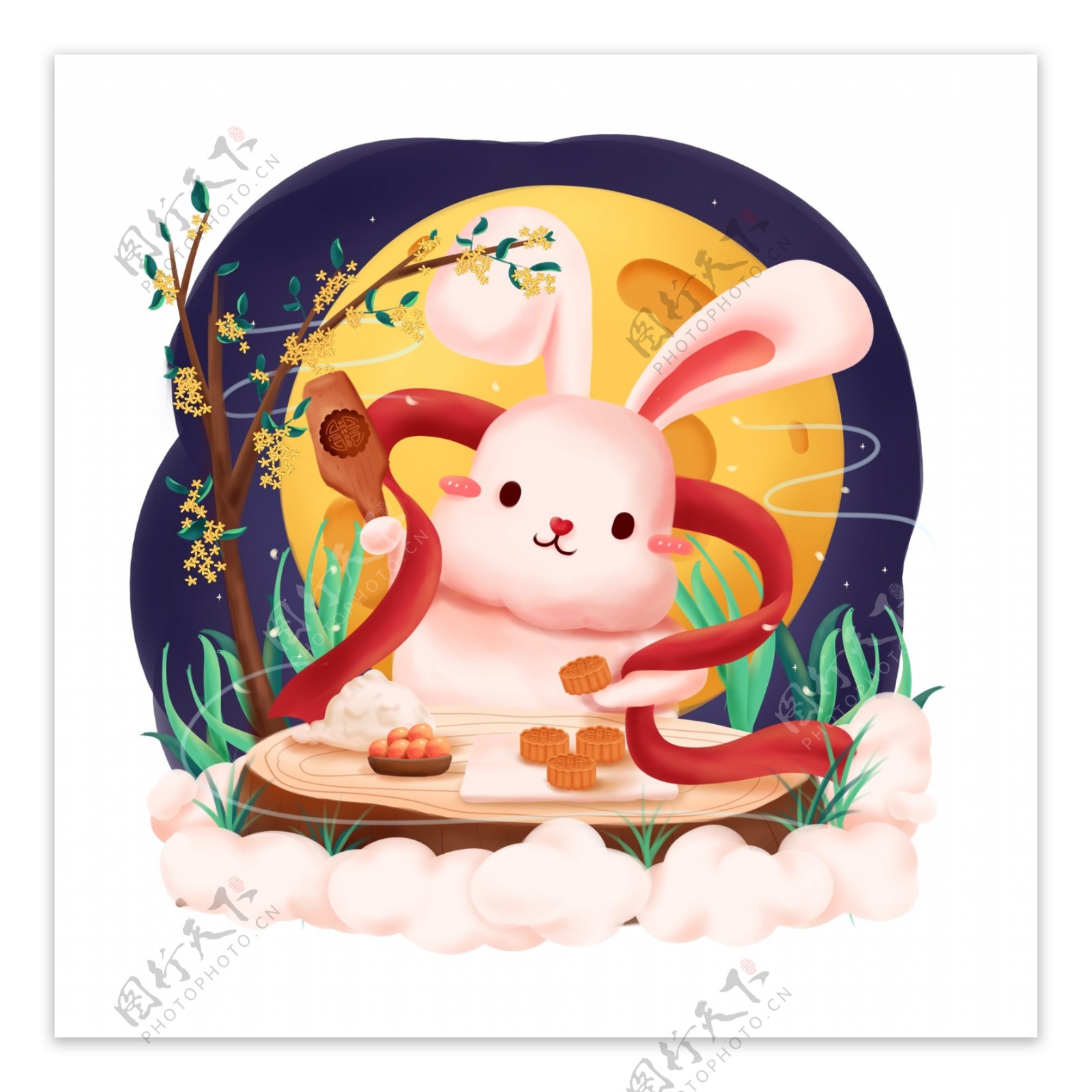 手绘卡通可爱中秋月兔制作月饼可商用素材