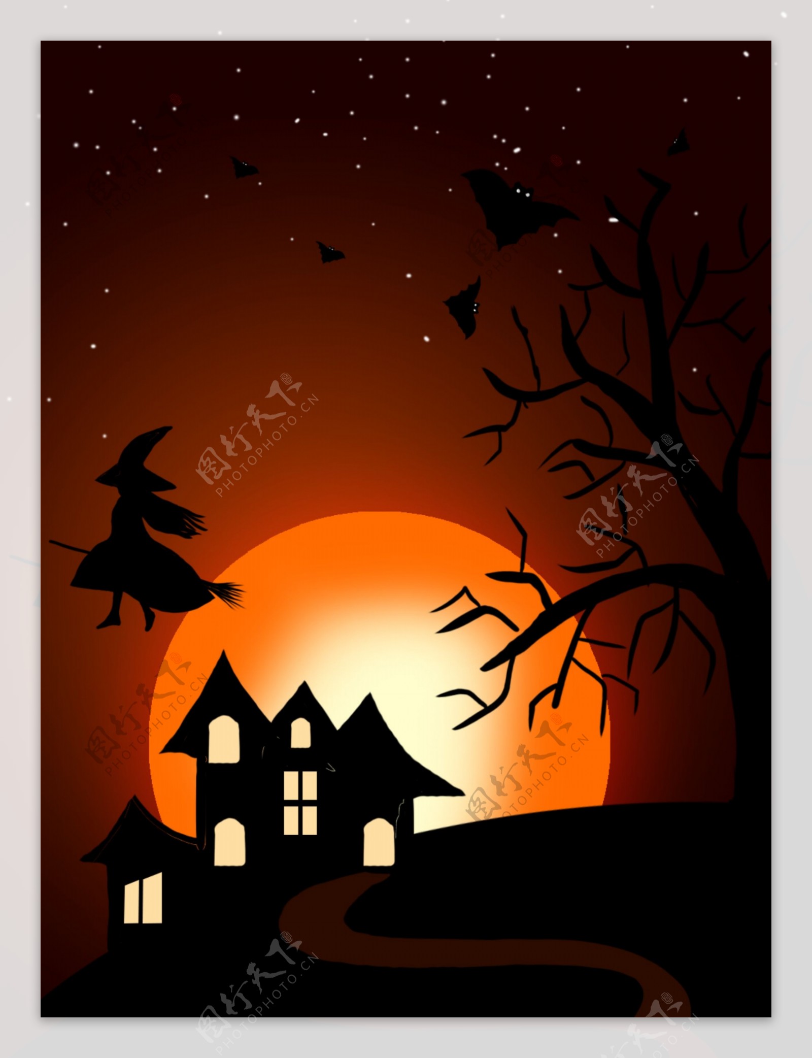 卡通黑色万圣节夜晚月亮城堡背景