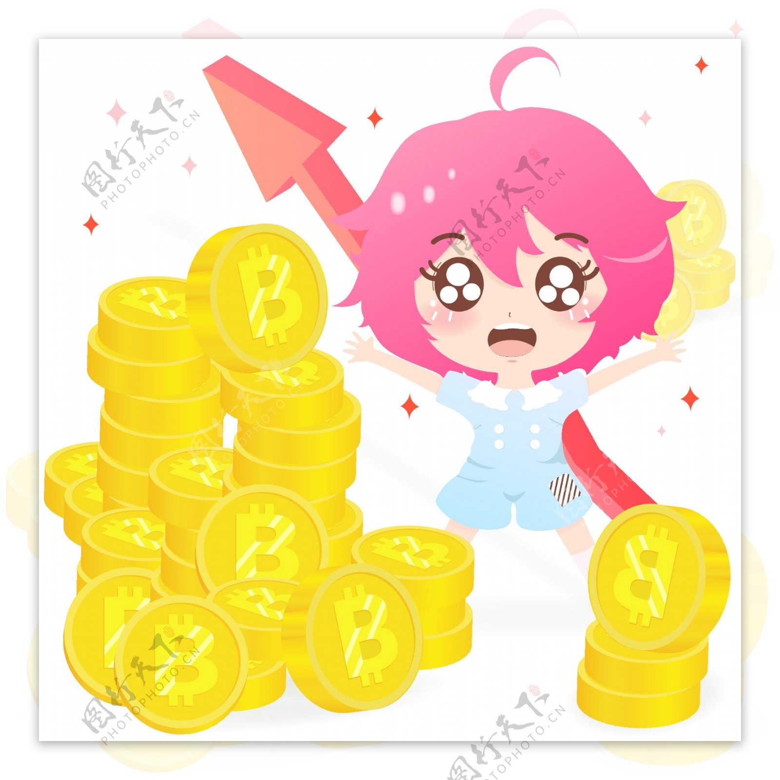 手绘卡通萌系女孩送虚拟货币比特币装饰元素