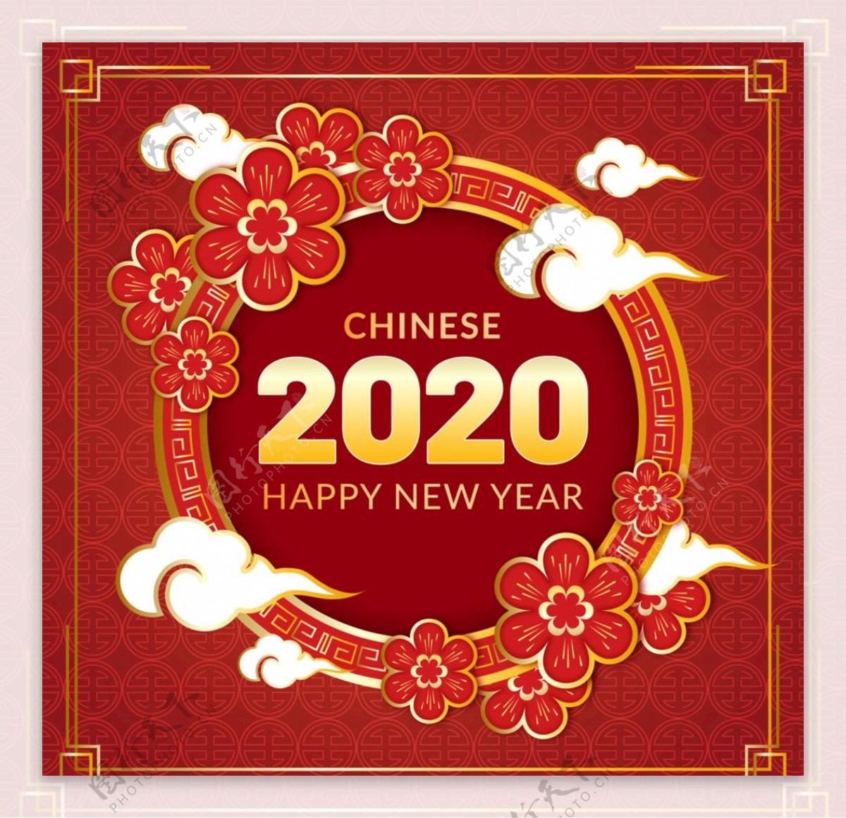 2020年红色花卉新年贺卡