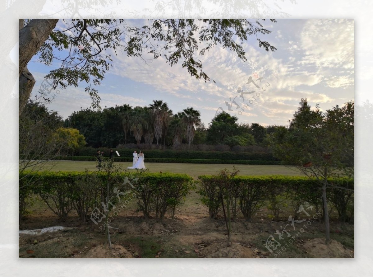 蓝天白云草地拍照拍摄婚纱取景地